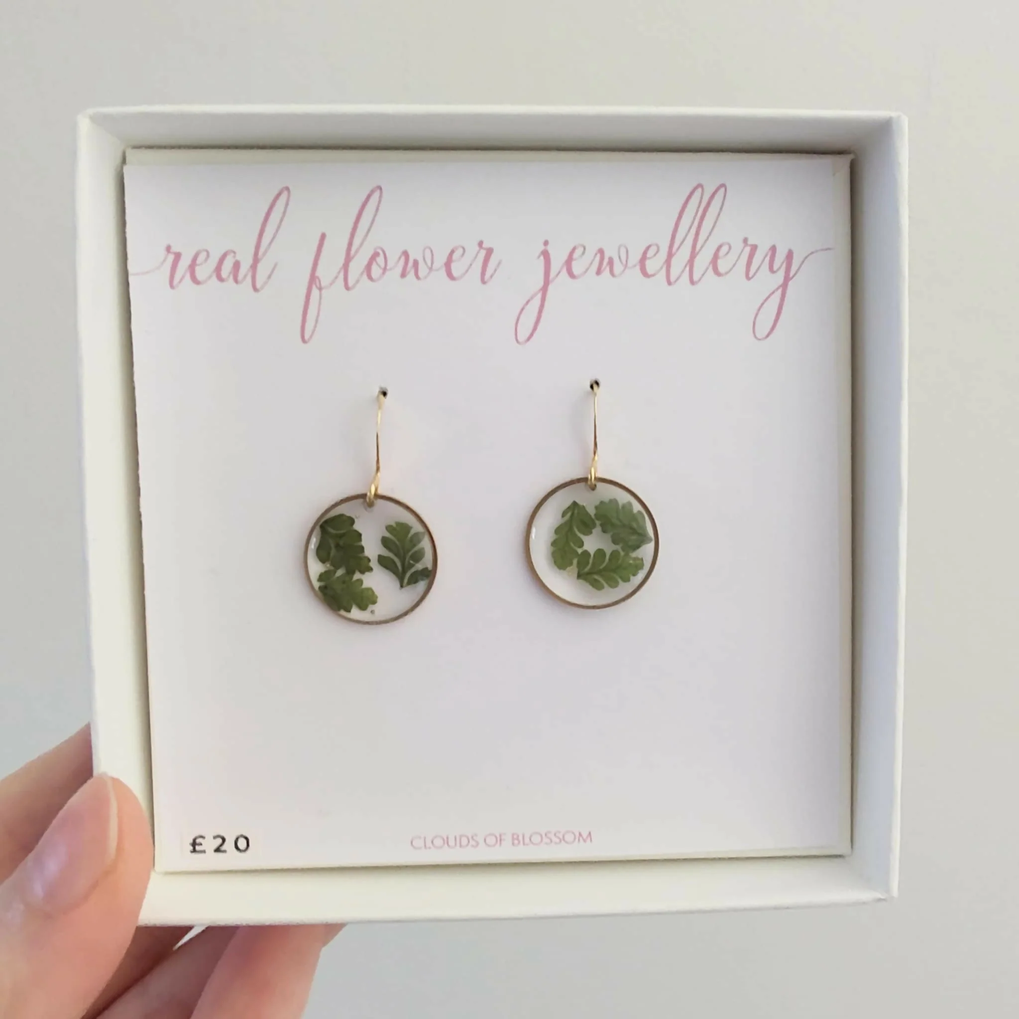 Real Pressed Fern Leaves Tiny Circle Earrings Gold Plated