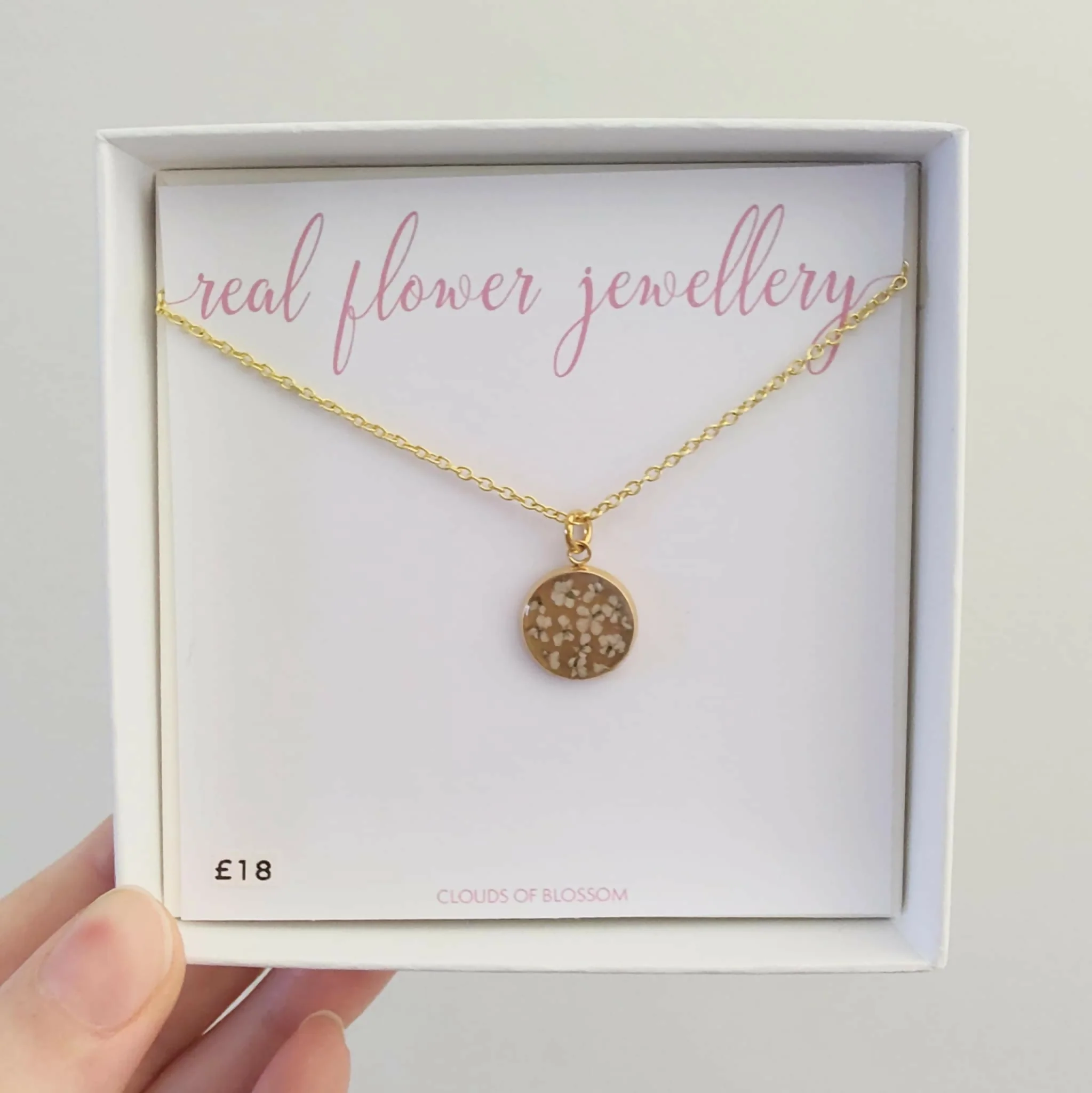 Real White Lace Flower Mirrored Circle Necklace Gold Plated