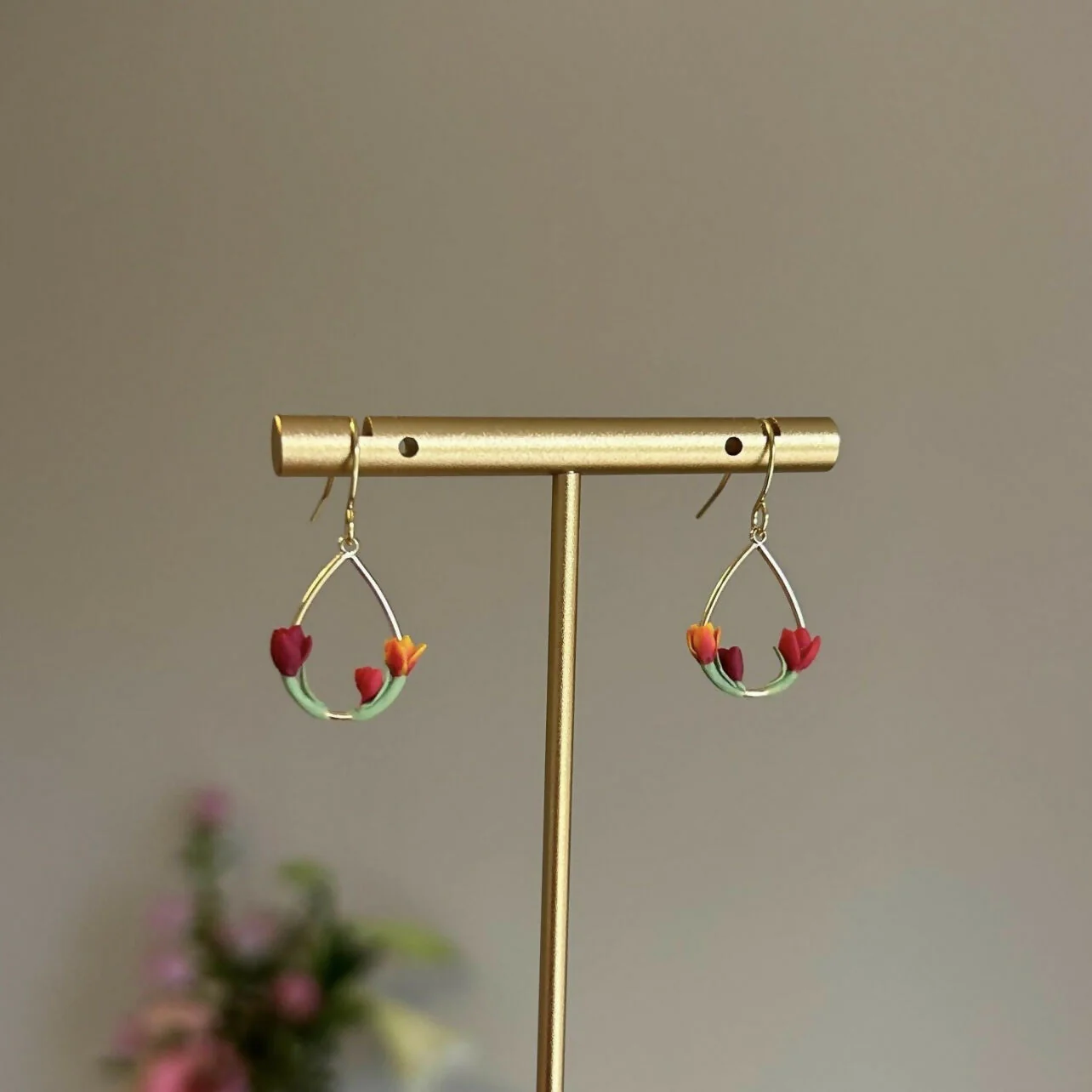Red and Orange Small Tulip Earrings - Image 3