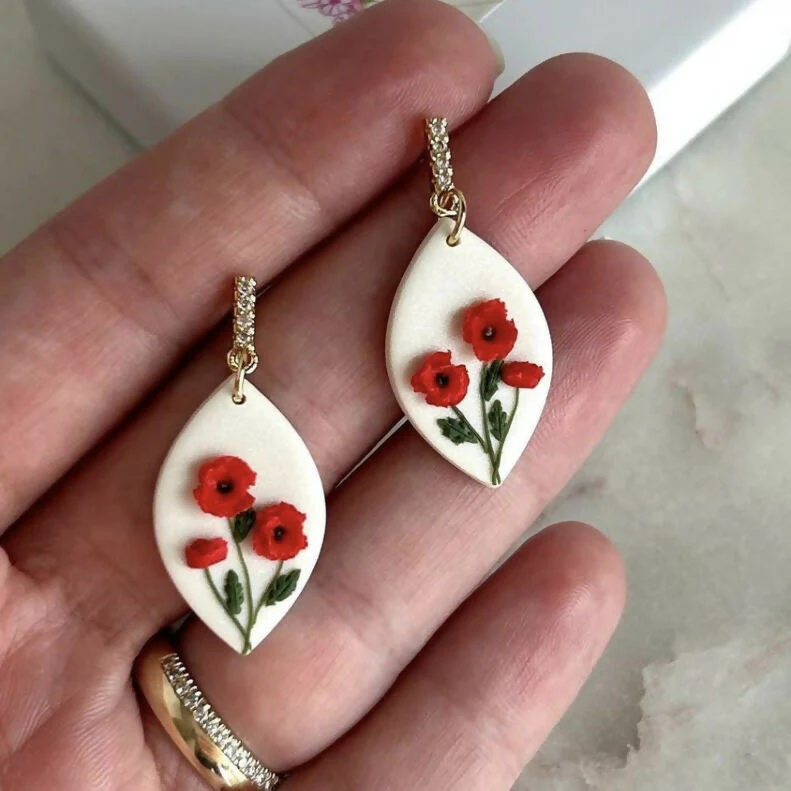 Red poppy Flower - Polymer Clay Earrings - Image 3