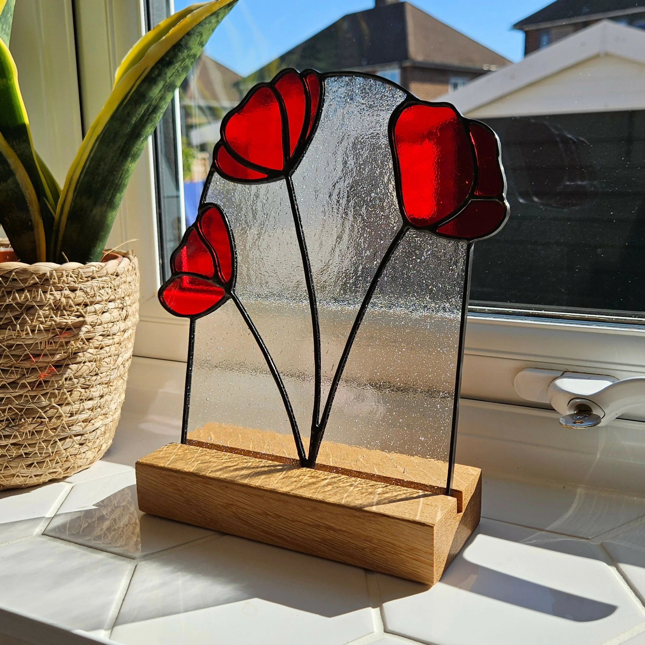 Red Poppy Stained Glass Panel with Solid Oak Stand - Image 2