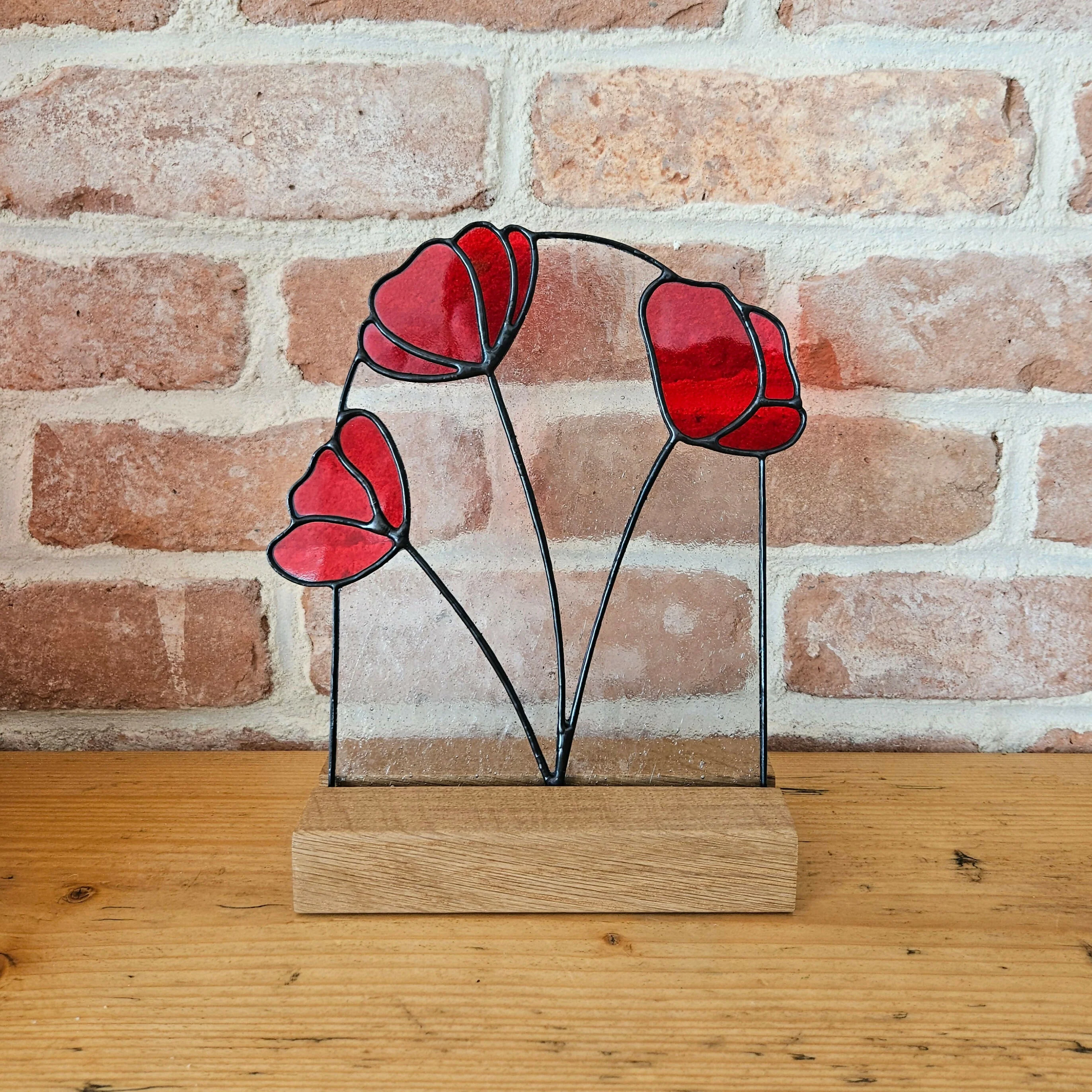 Red Poppy Stained Glass Panel with Solid Oak Stand - Image 5