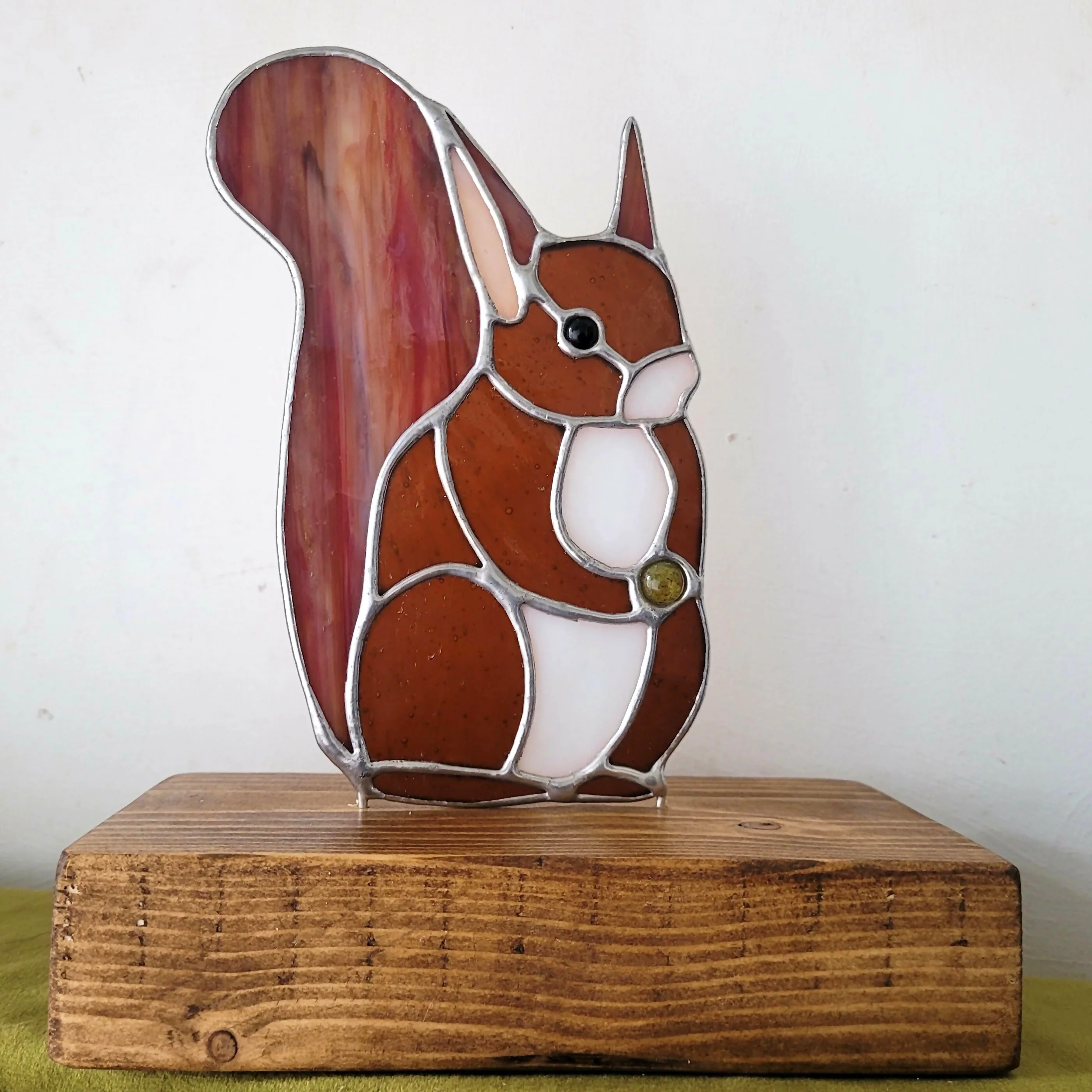 Glass Red Squirrel Mounted on Wooden Base