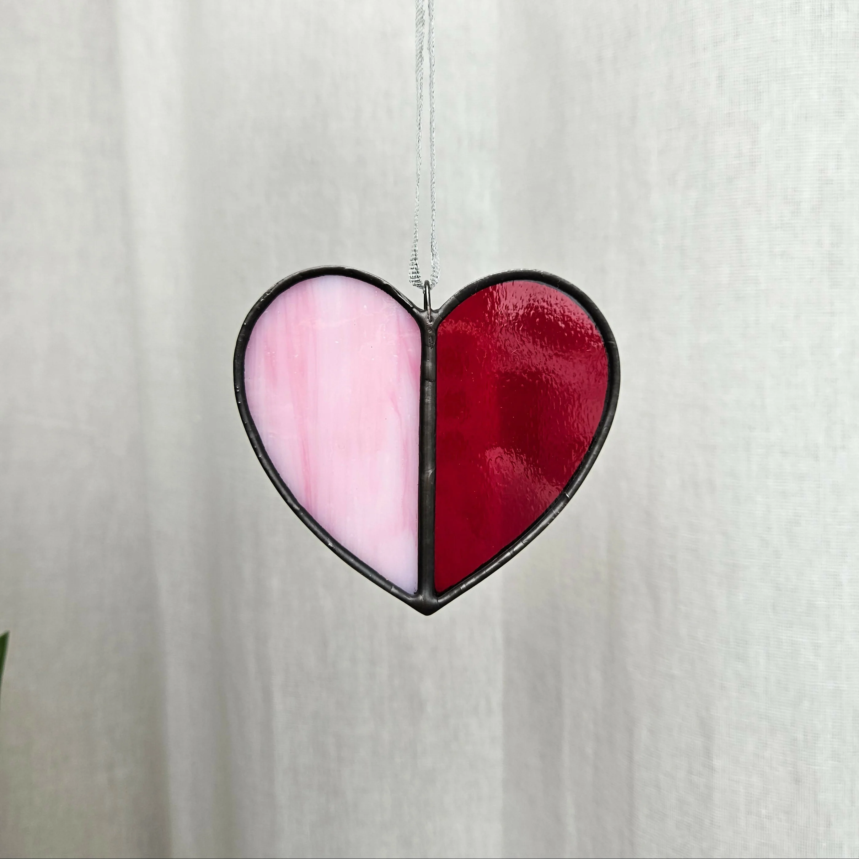 Red & Streaky Pink Heart Stained Glass Suncatcher