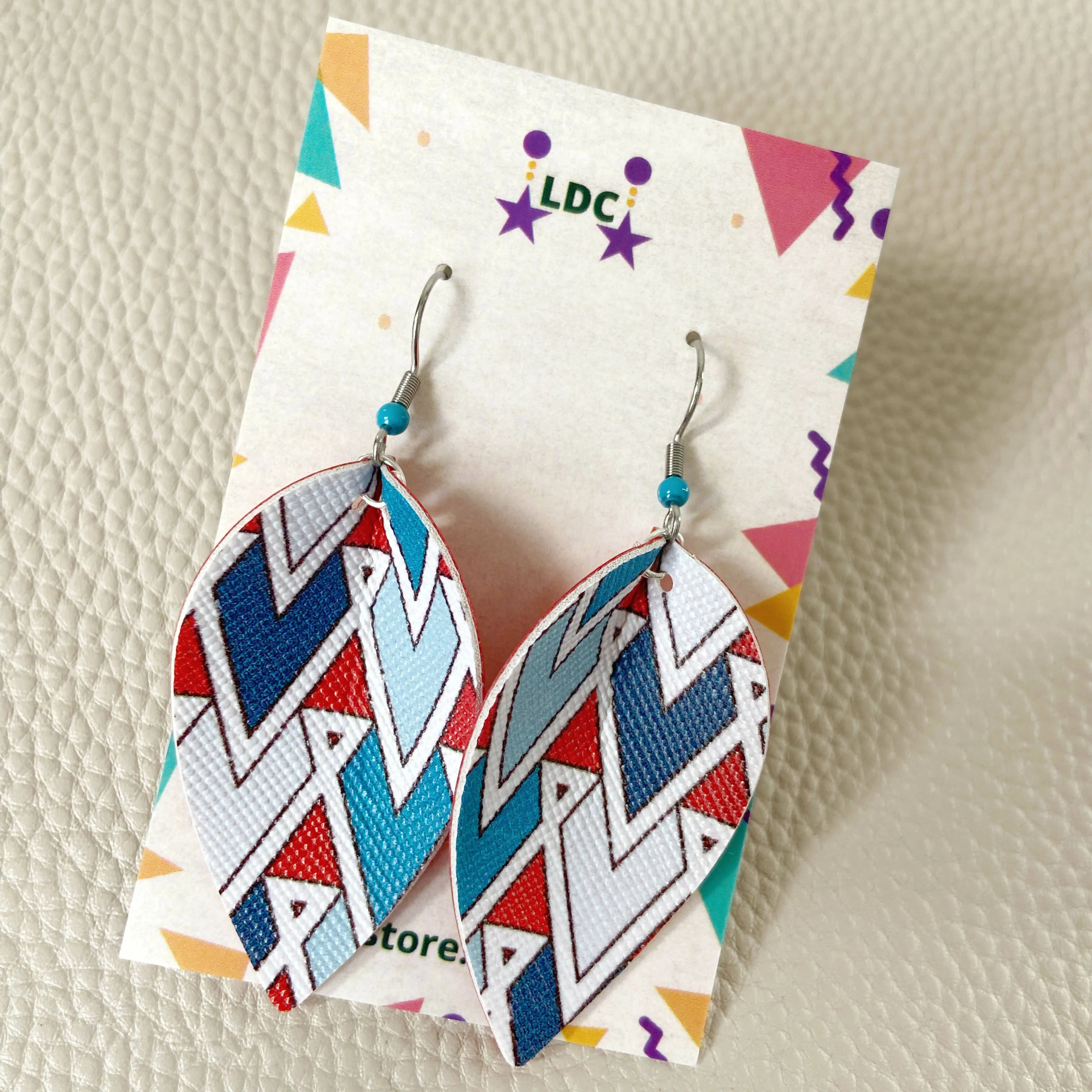 Red Teal Geo Print Pinched Leaf Earrings - Image 3