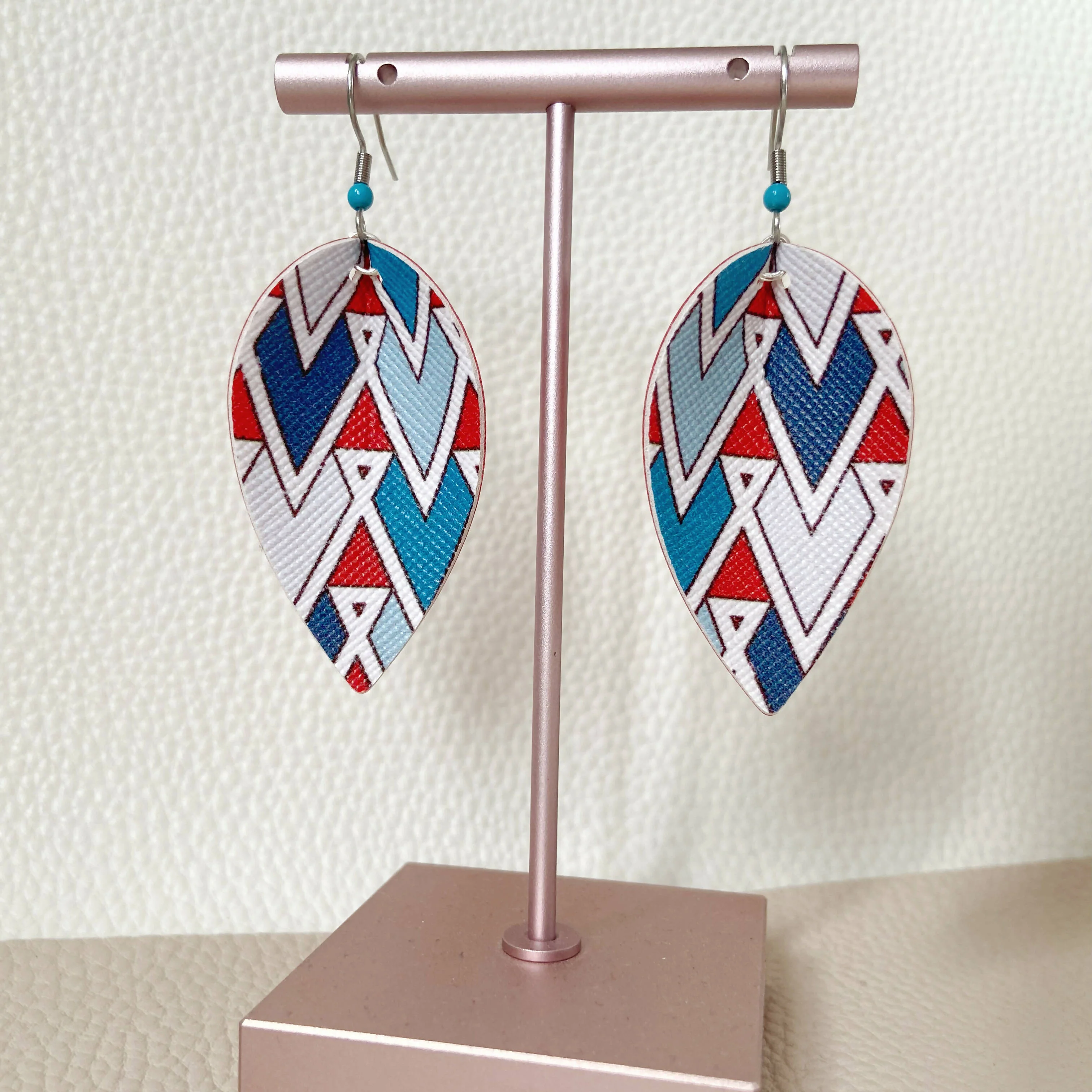Red Teal Geo Print Pinched Leaf Earrings - Image 4