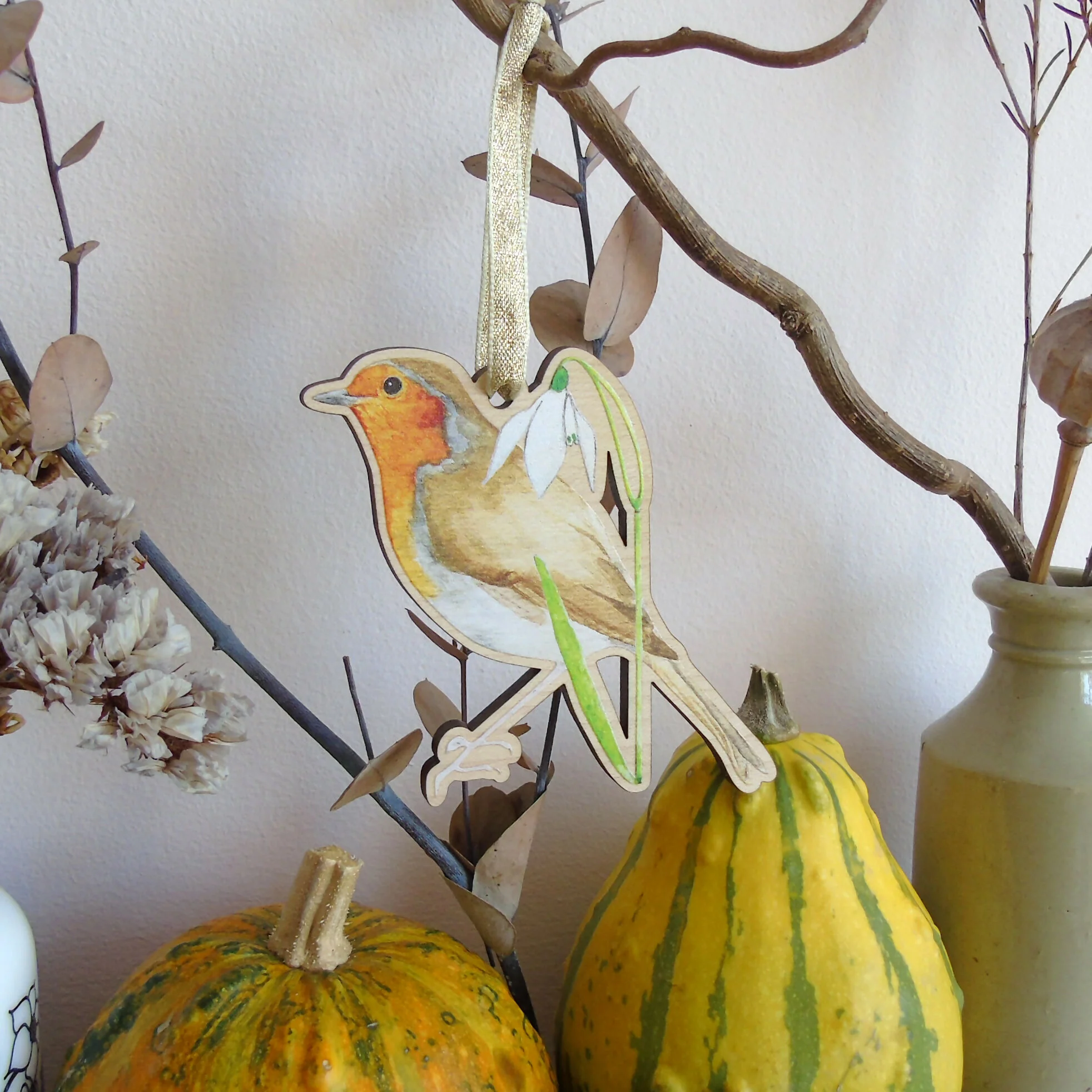 Robin and Snowdrop Hanging Wooden Decoration - Image 3