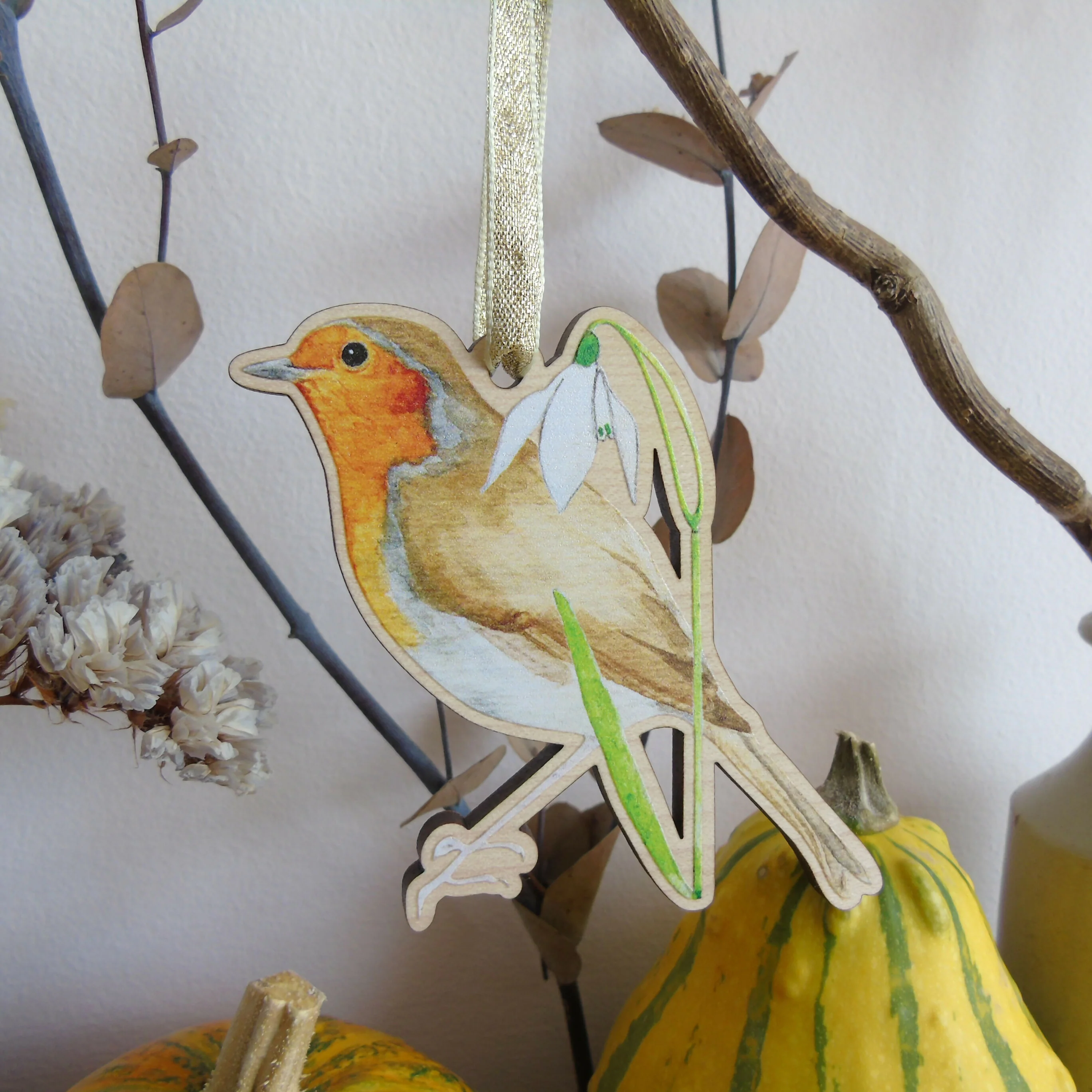 Robin and Snowdrop Hanging Wooden Decoration - Image 4