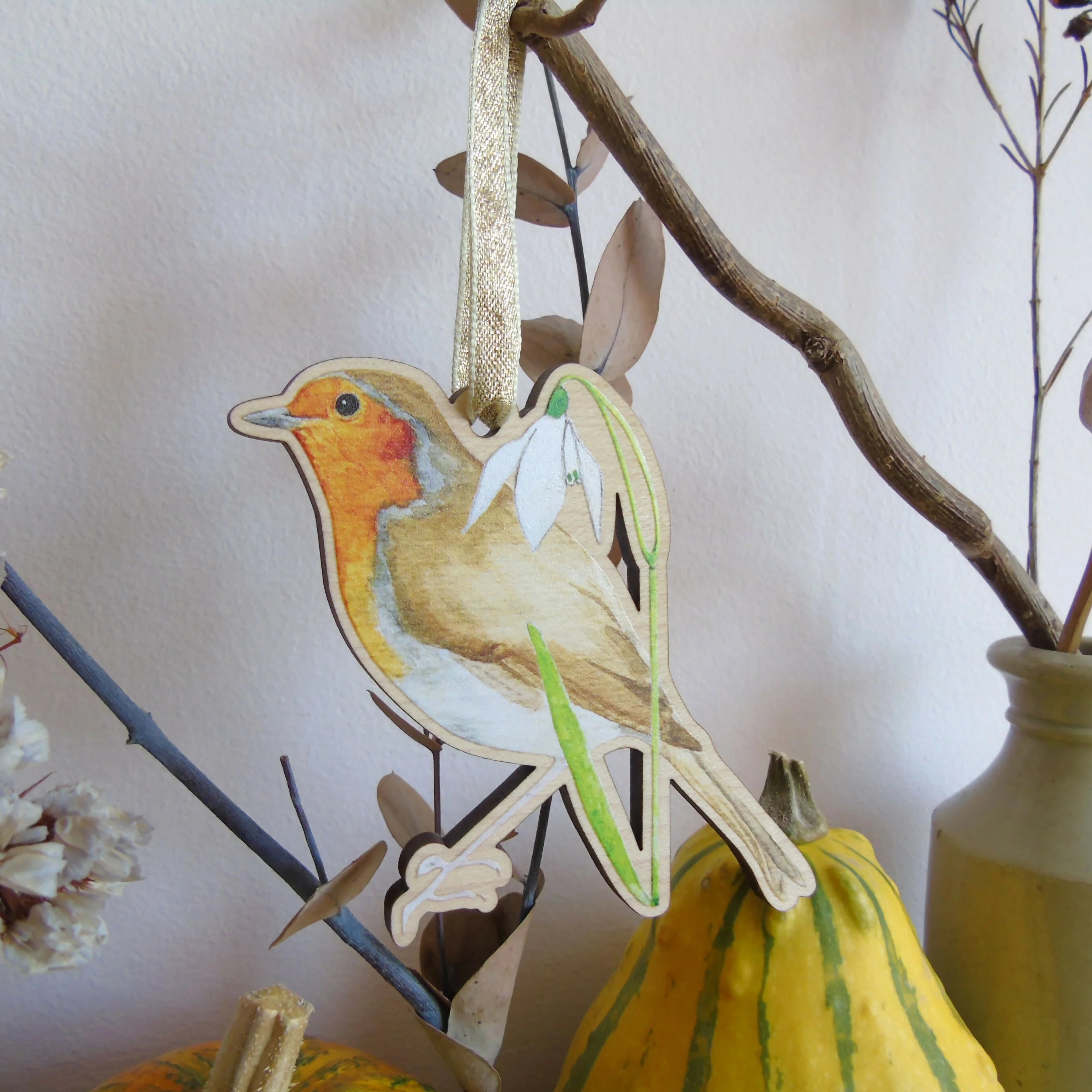 Robin and Snowdrop Hanging Wooden Decoration - Image 5
