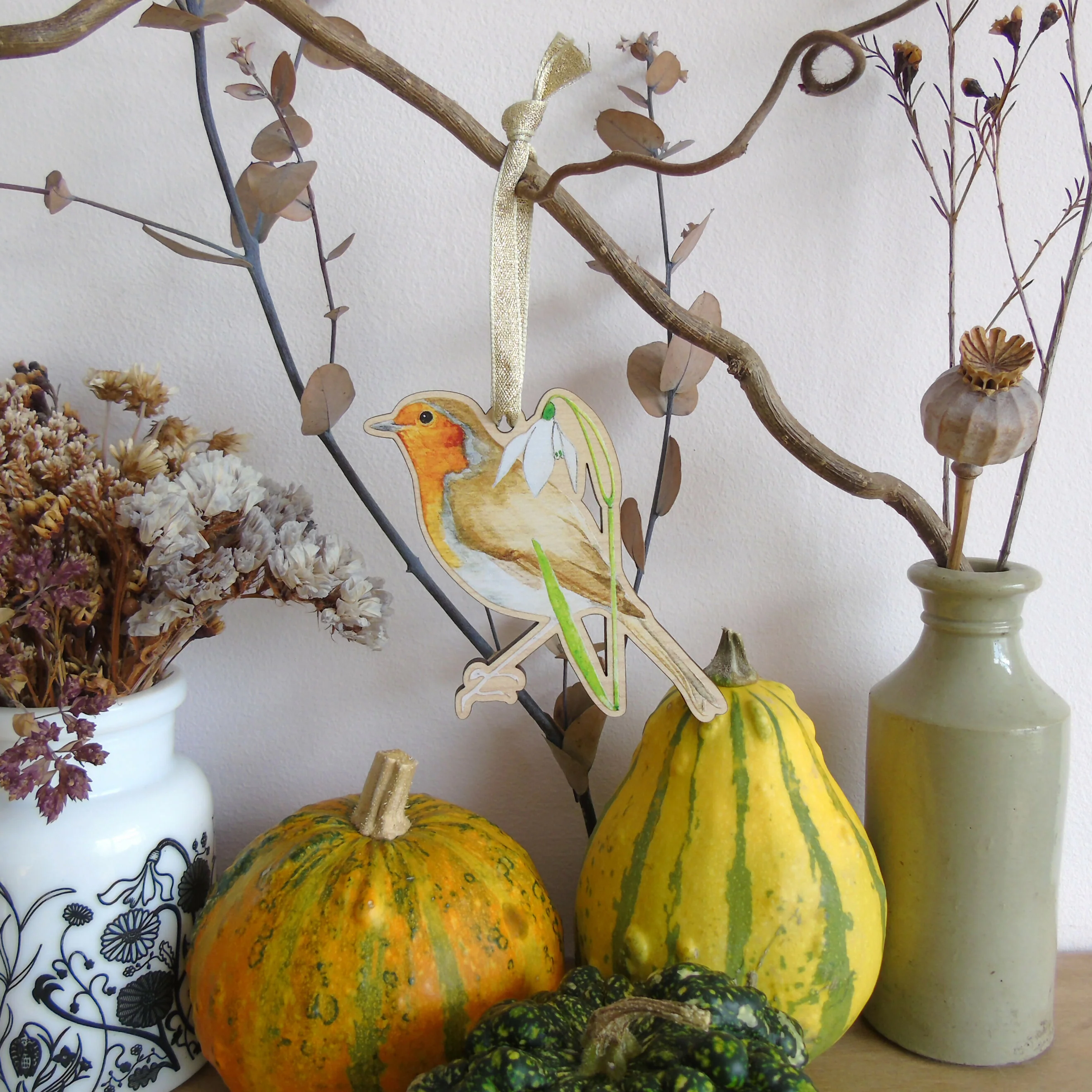 Robin and Snowdrop Hanging Wooden Decoration - Image 6
