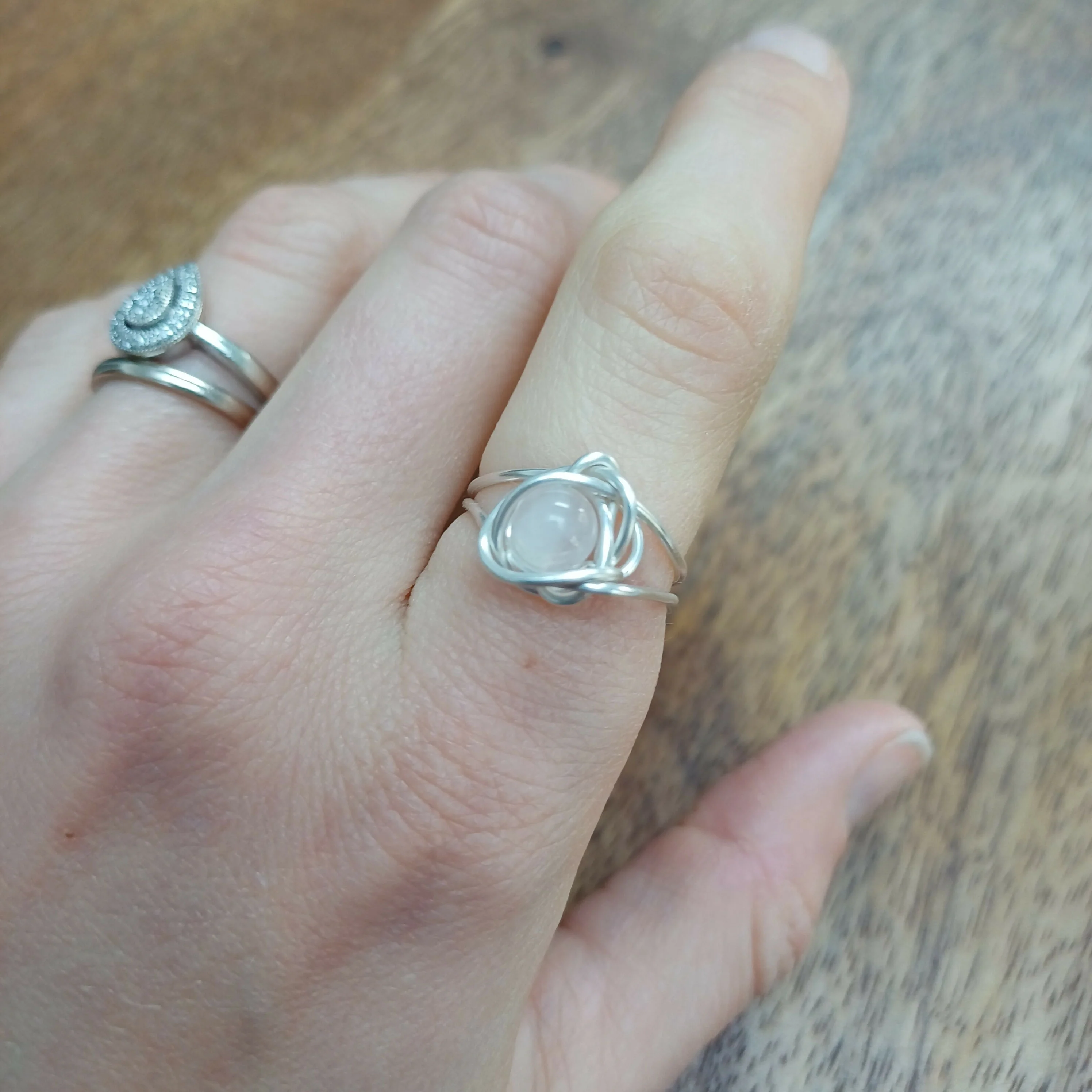 Rose Quartz Wire Wrapped Adjustable Ring