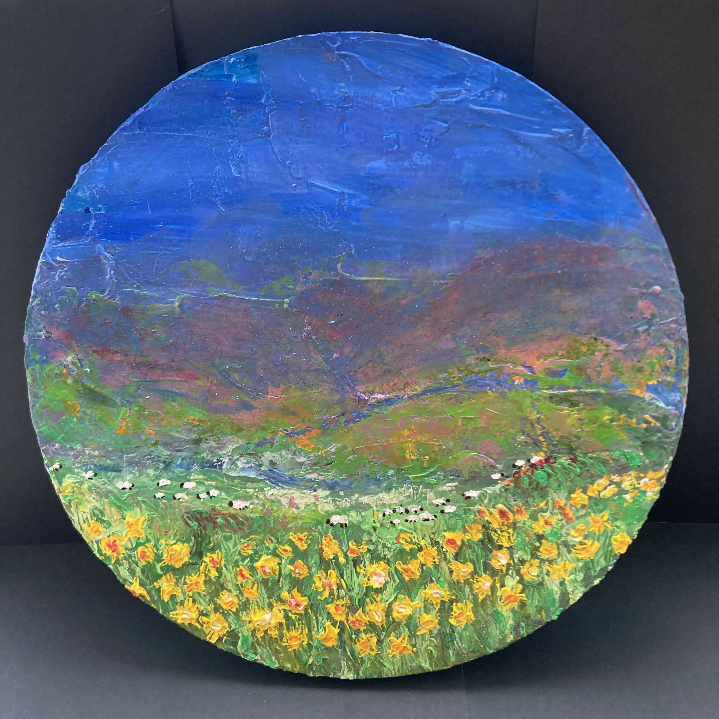 Round Daffodils And Sheep - Original Oil Painting On Canvas