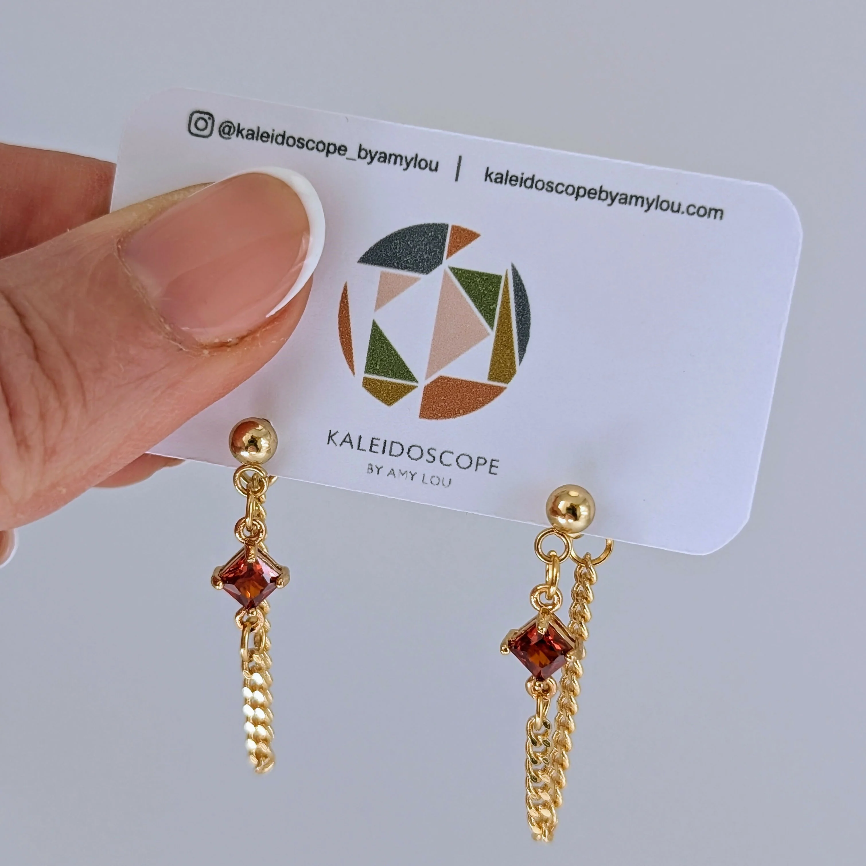 Ruby Red Zirconia Chain Earrrings on Gold Plated Ball Stud - Image 2