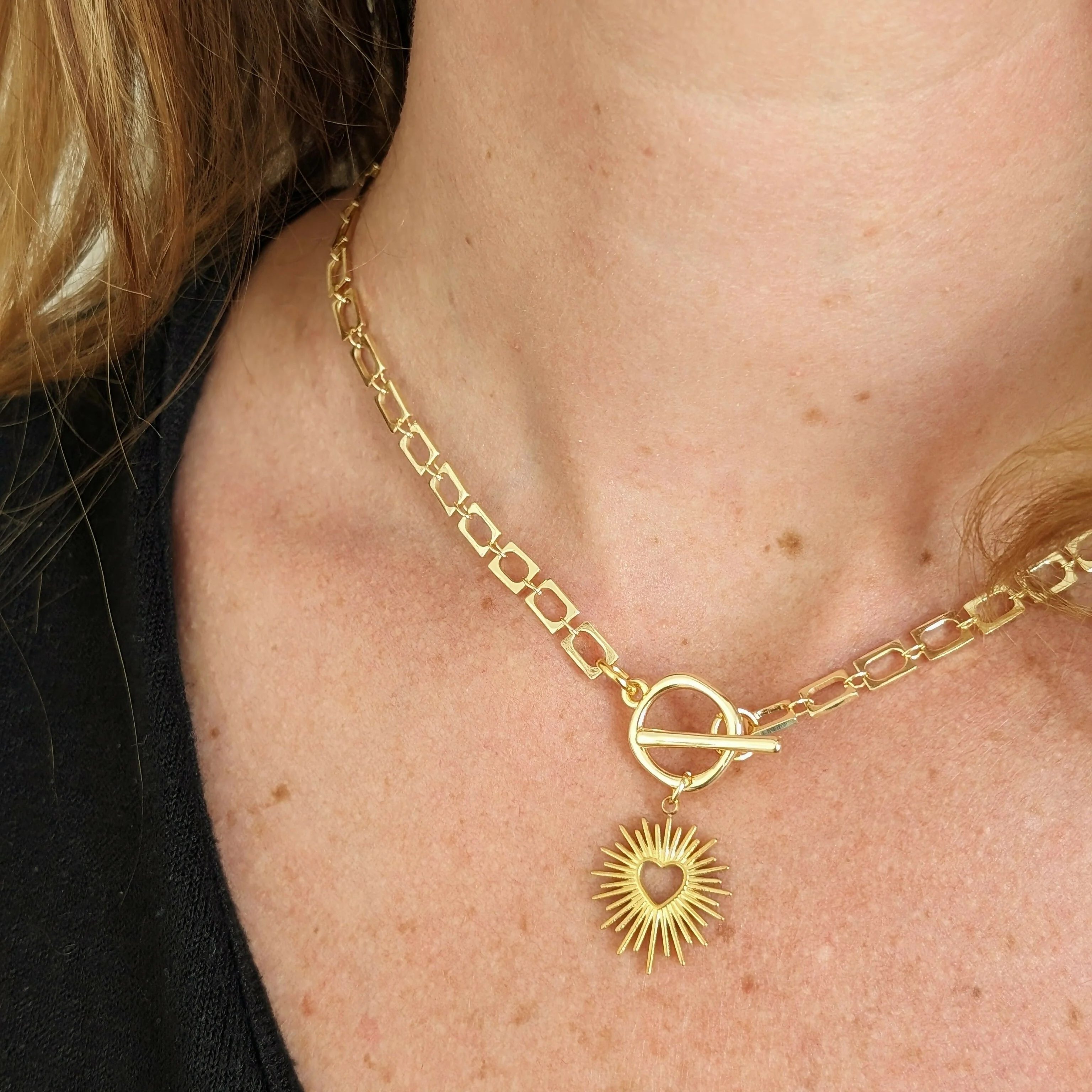 Sacred Heart Gold Toggle Necklace on Rectangular Gold Plated Chain