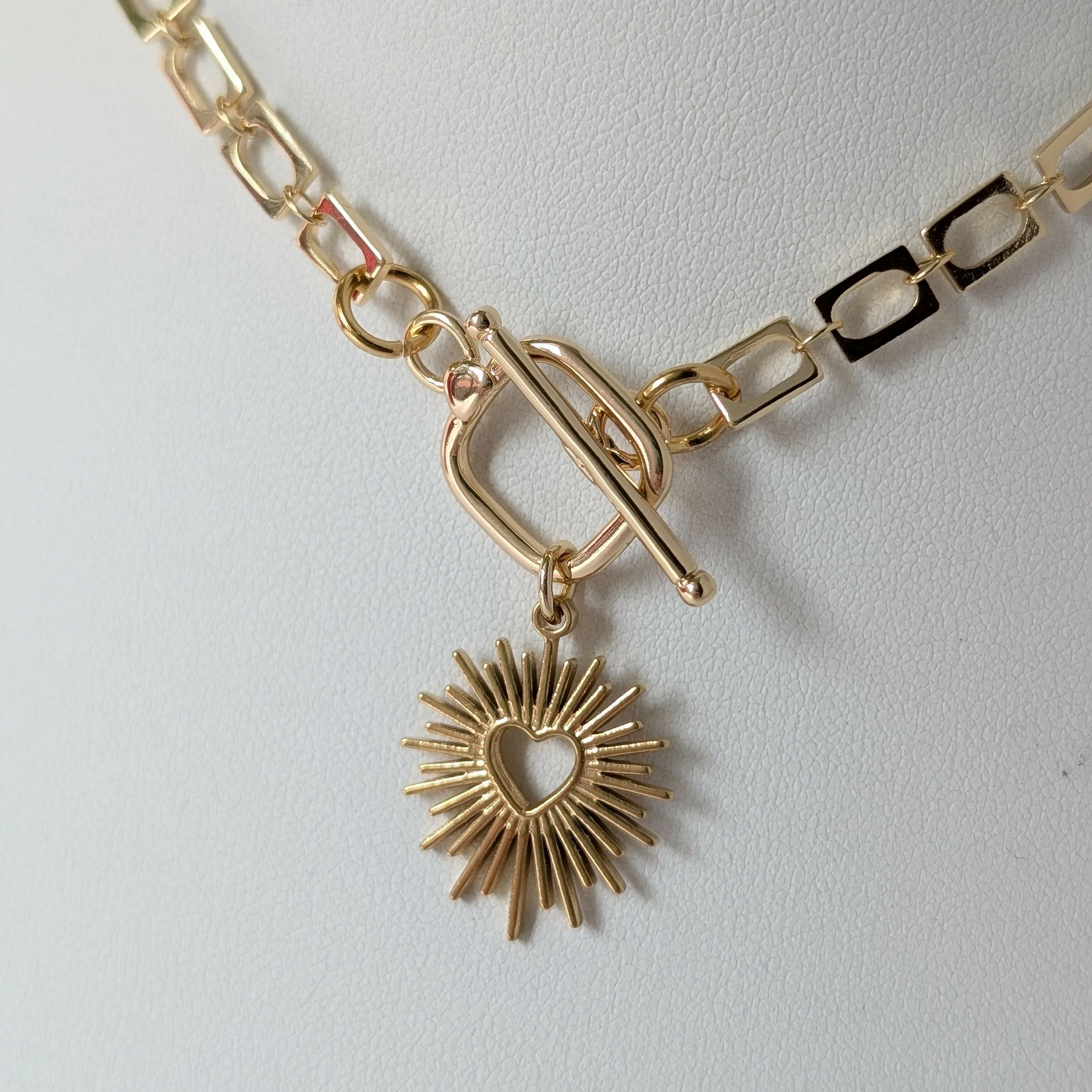 Sacred Heart Gold Toggle Necklace on Rectangular Gold Plated Chain - Image 2