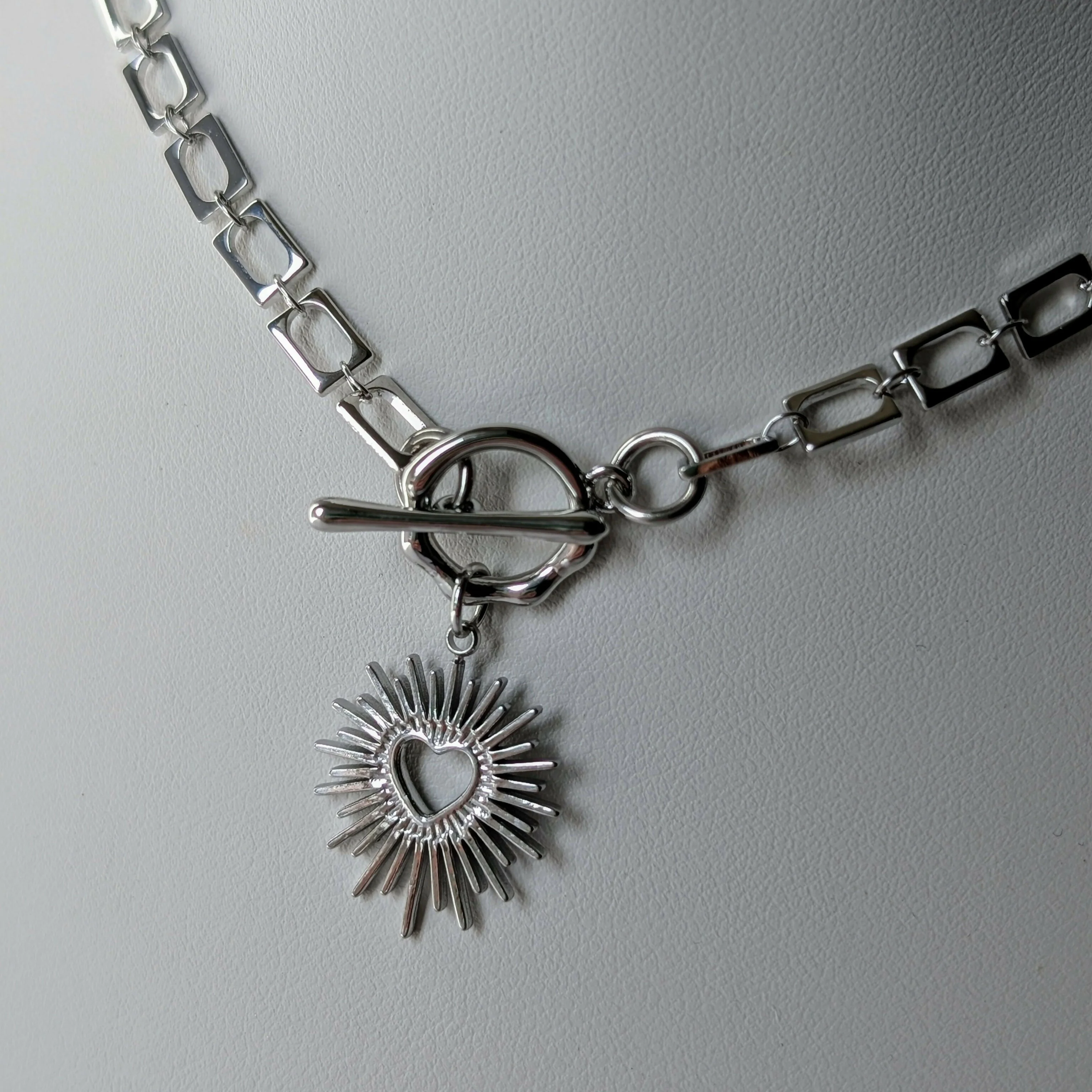Sacred Heart Silver Toggle Necklace on Rectangular Rhodium Plated Chain - Image 3