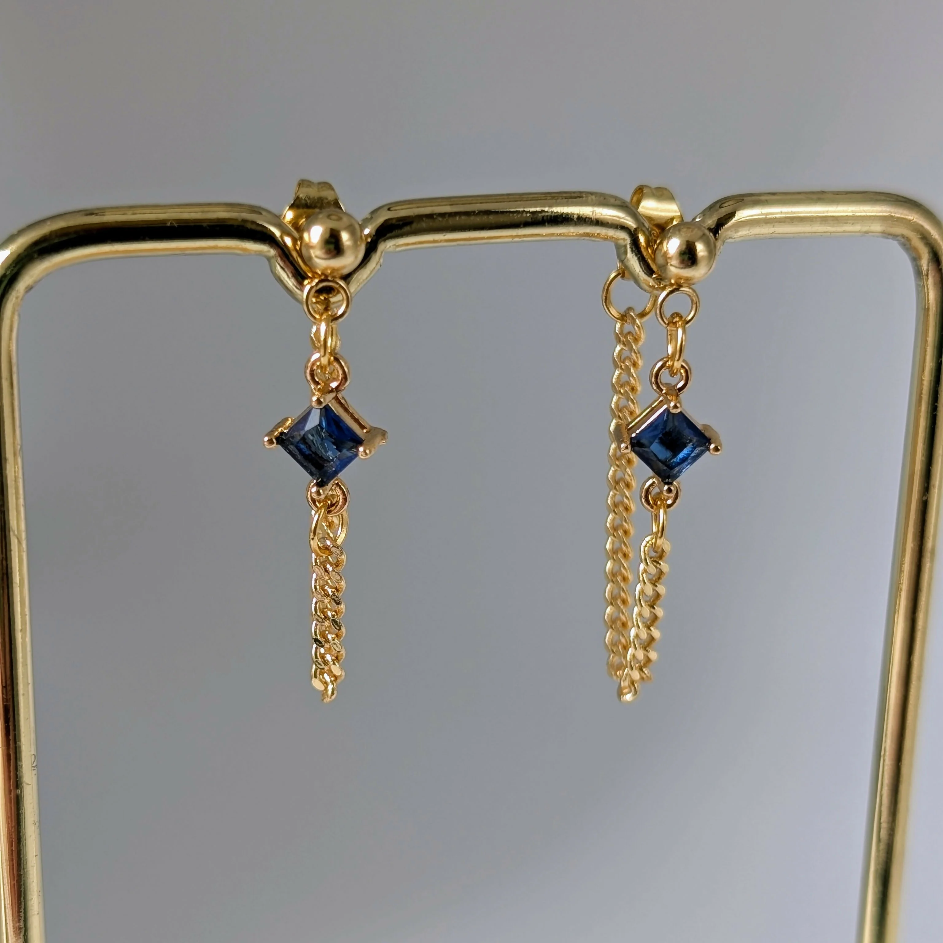 Sapphire Blue Zirconia Chain Earrrings on Gold Plated Ball Stud - Image 2