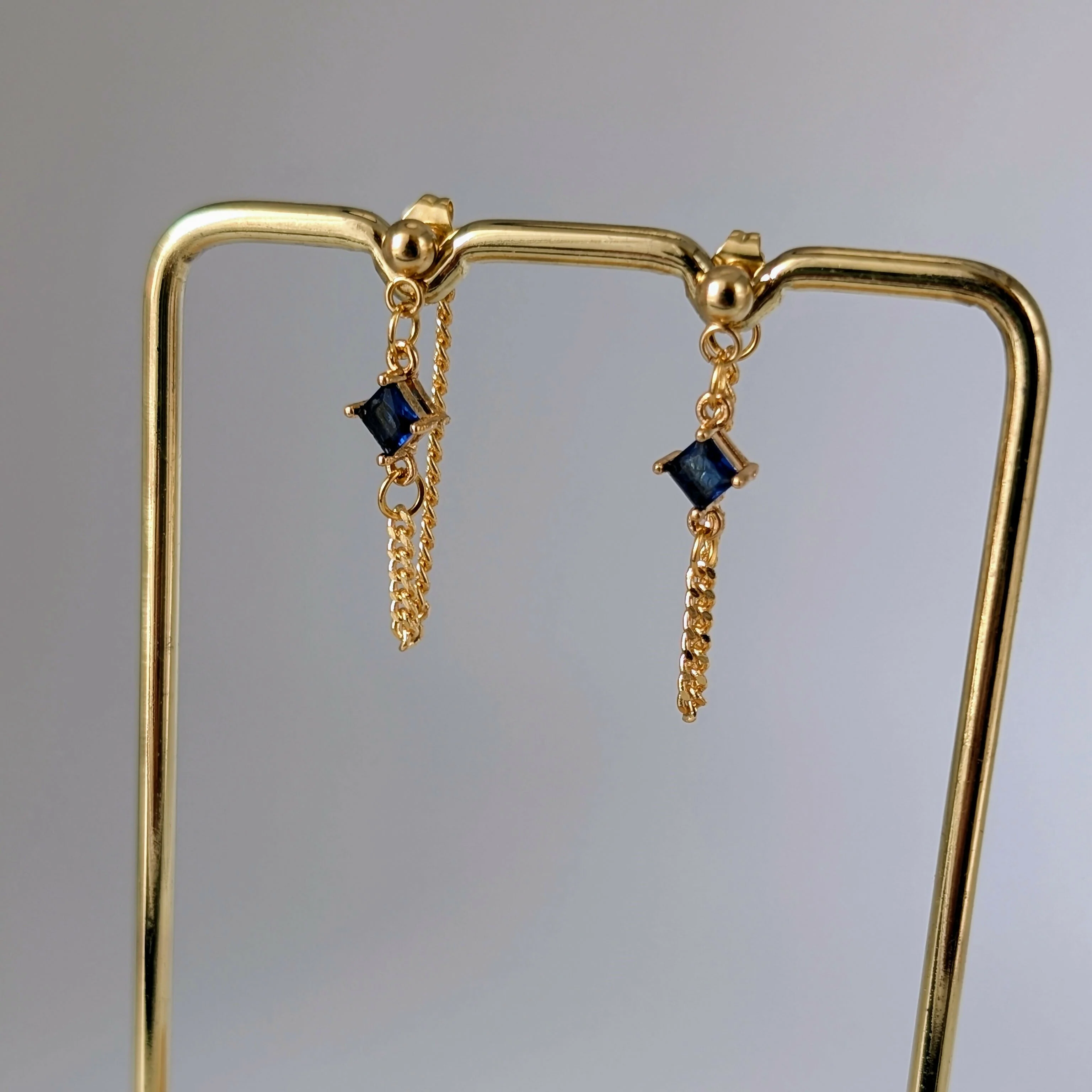 Sapphire Blue Zirconia Chain Earrrings on Gold Plated Ball Stud - Image 3