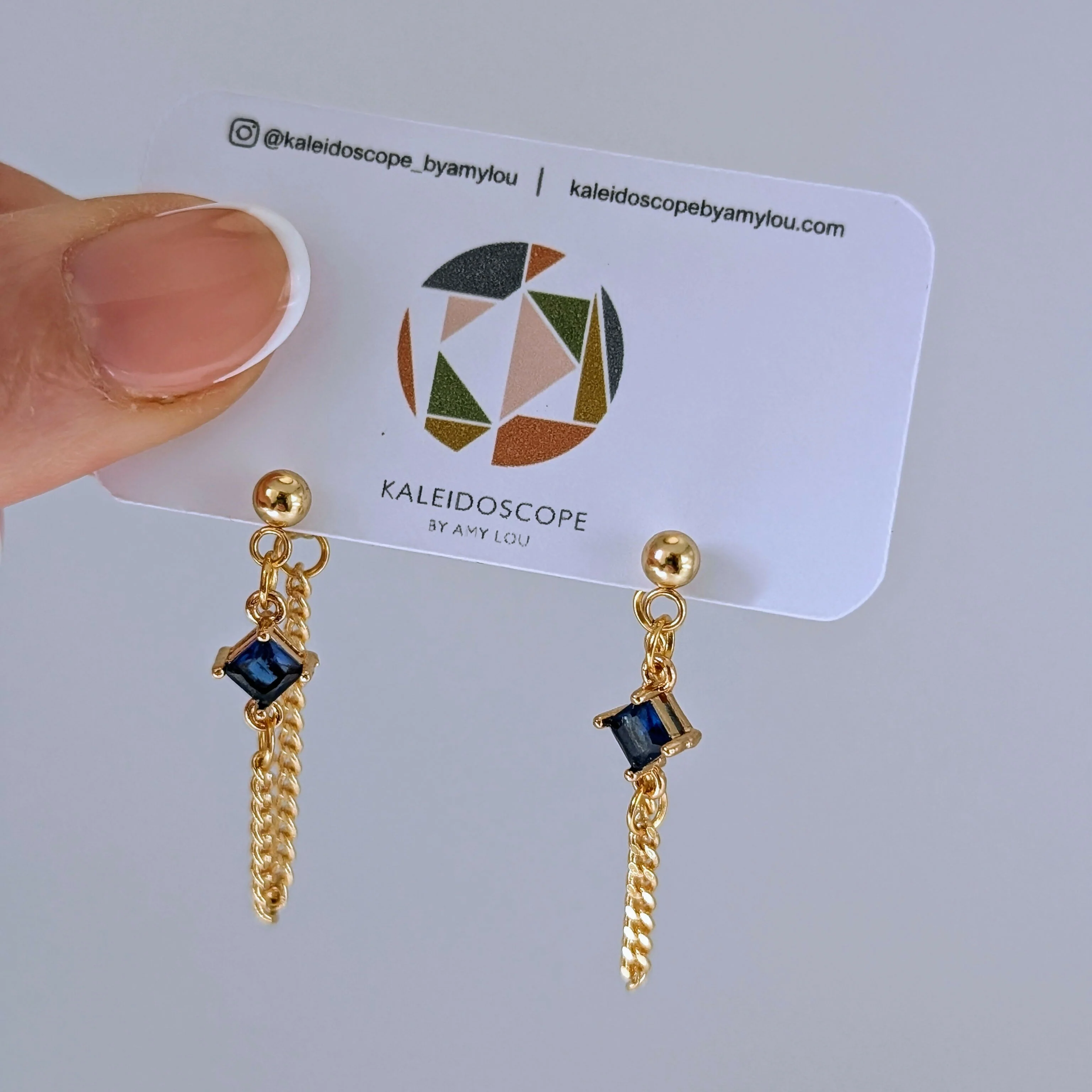 Sapphire Blue Zirconia Chain Earrrings on Gold Plated Ball Stud - Image 4