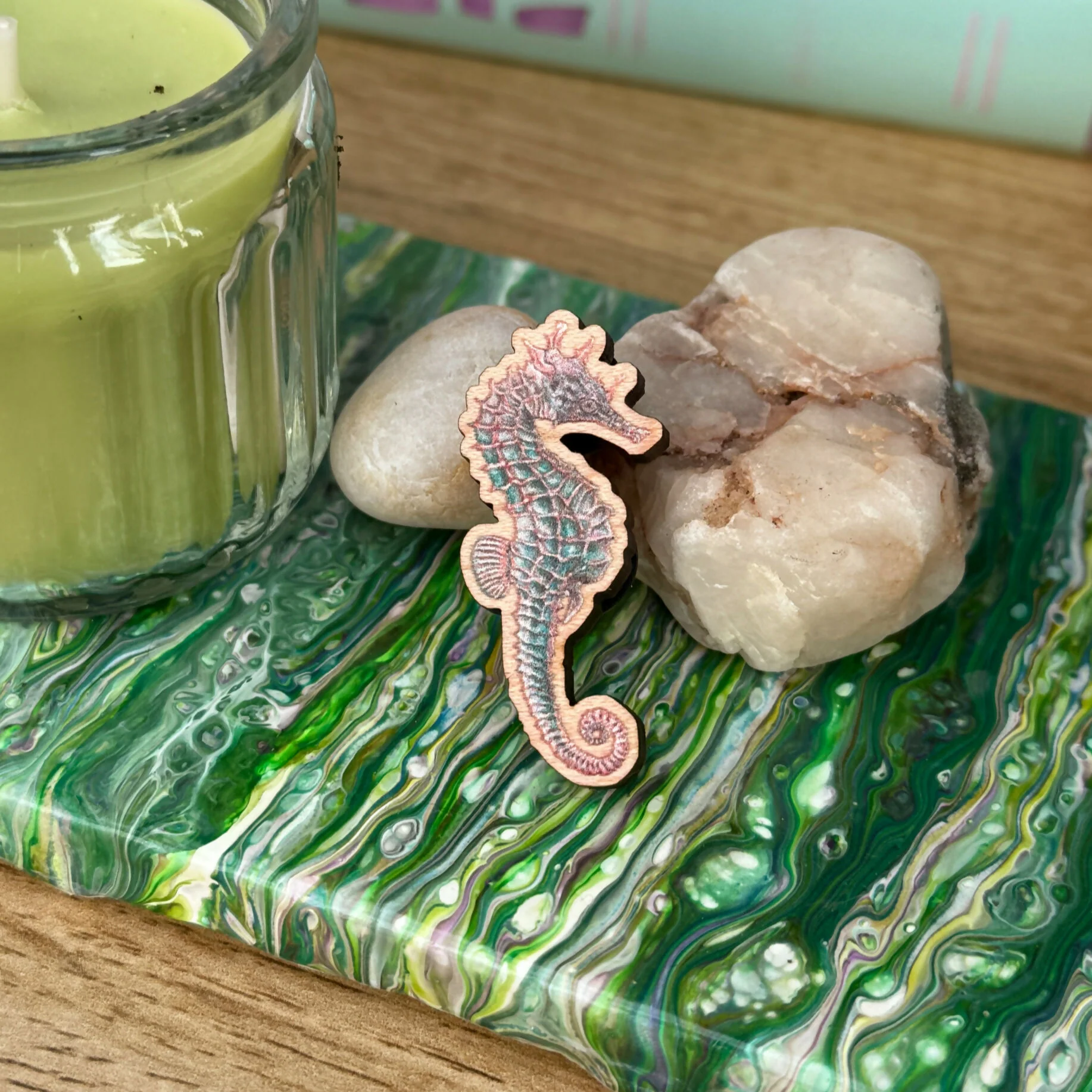 Seahorse - Pink and Teal - Wooden Pin - Image 2