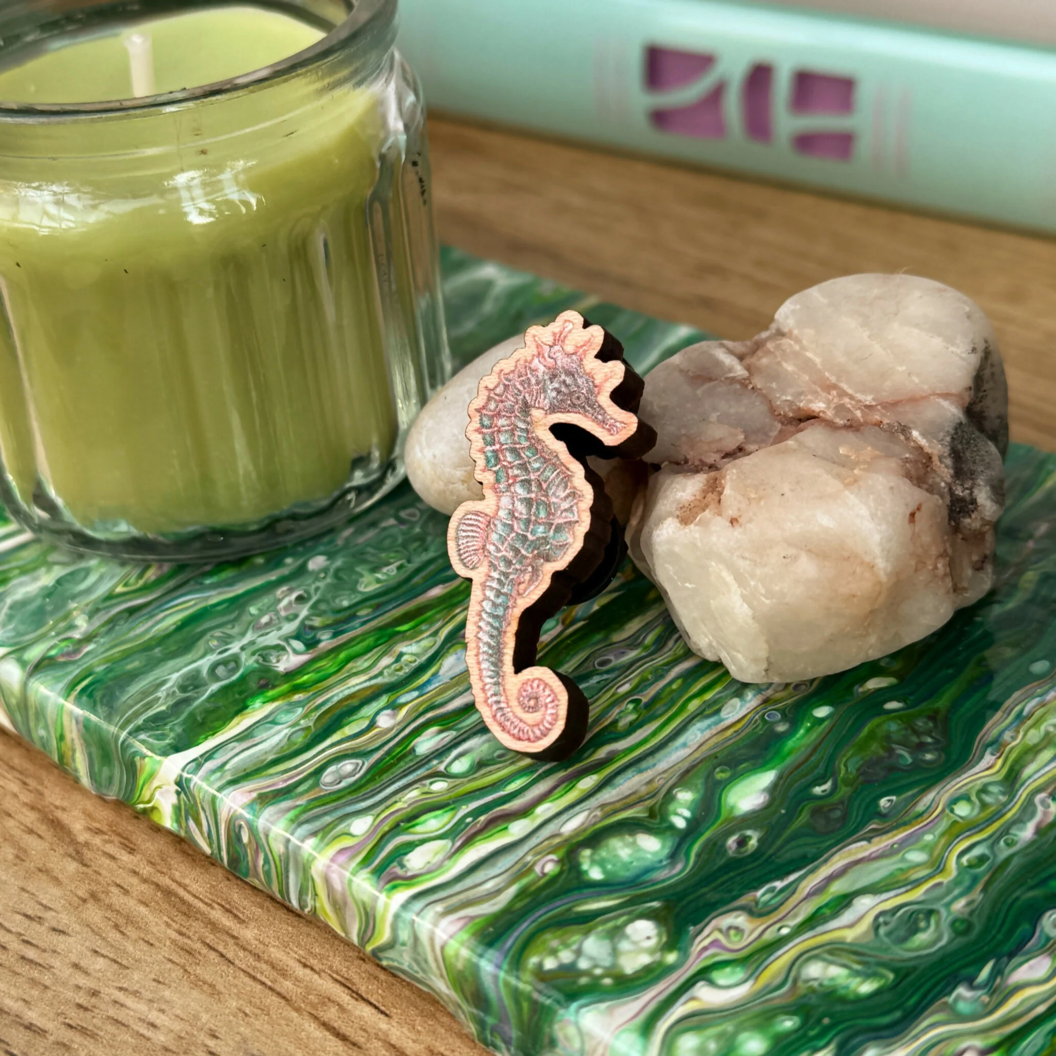 Seahorse - Pink and Teal - Wooden Pin - Image 3