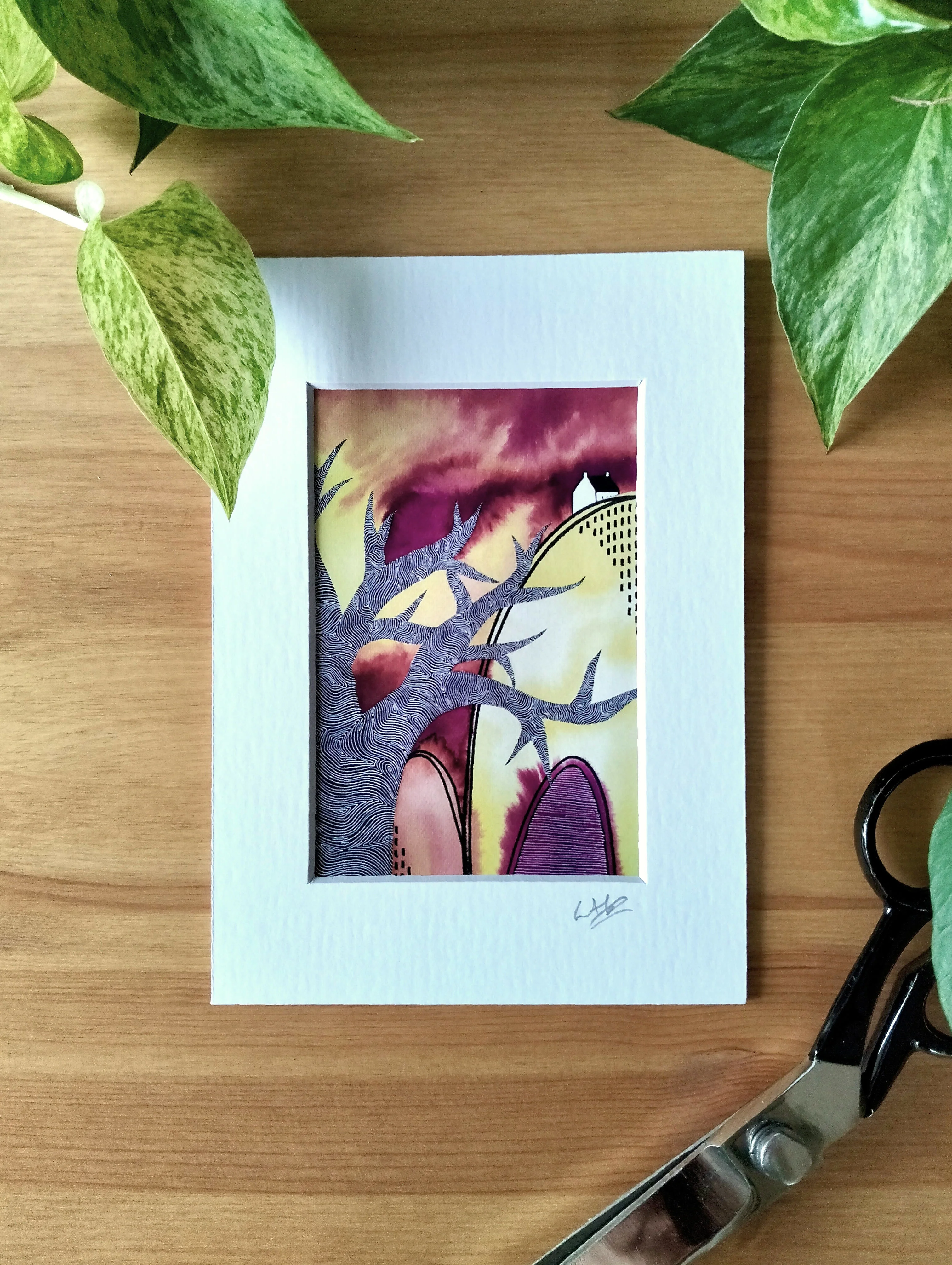 Signed Mini Art Print | Abstract Hilltop Cottage Watercolour - Image 2