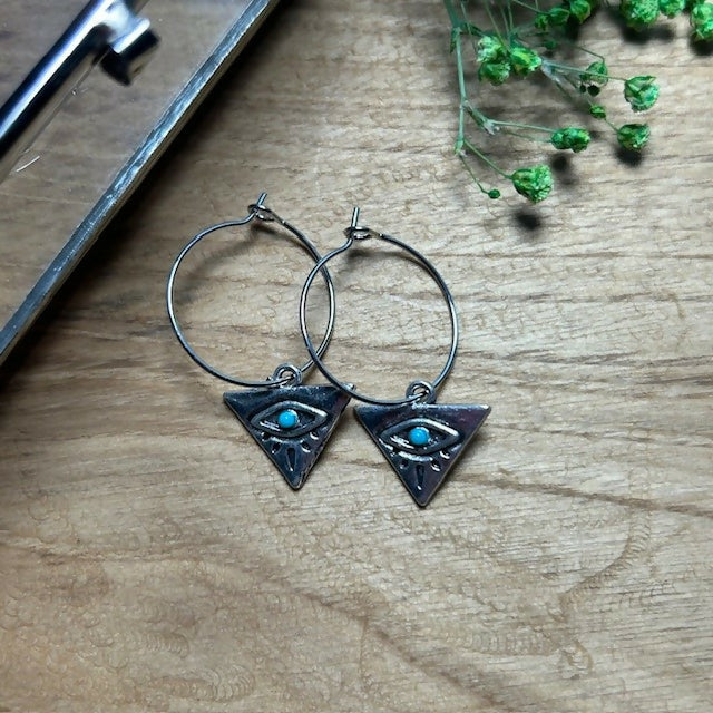 Silver Plated Hoops Featuring Triangular Evil Eye Charms