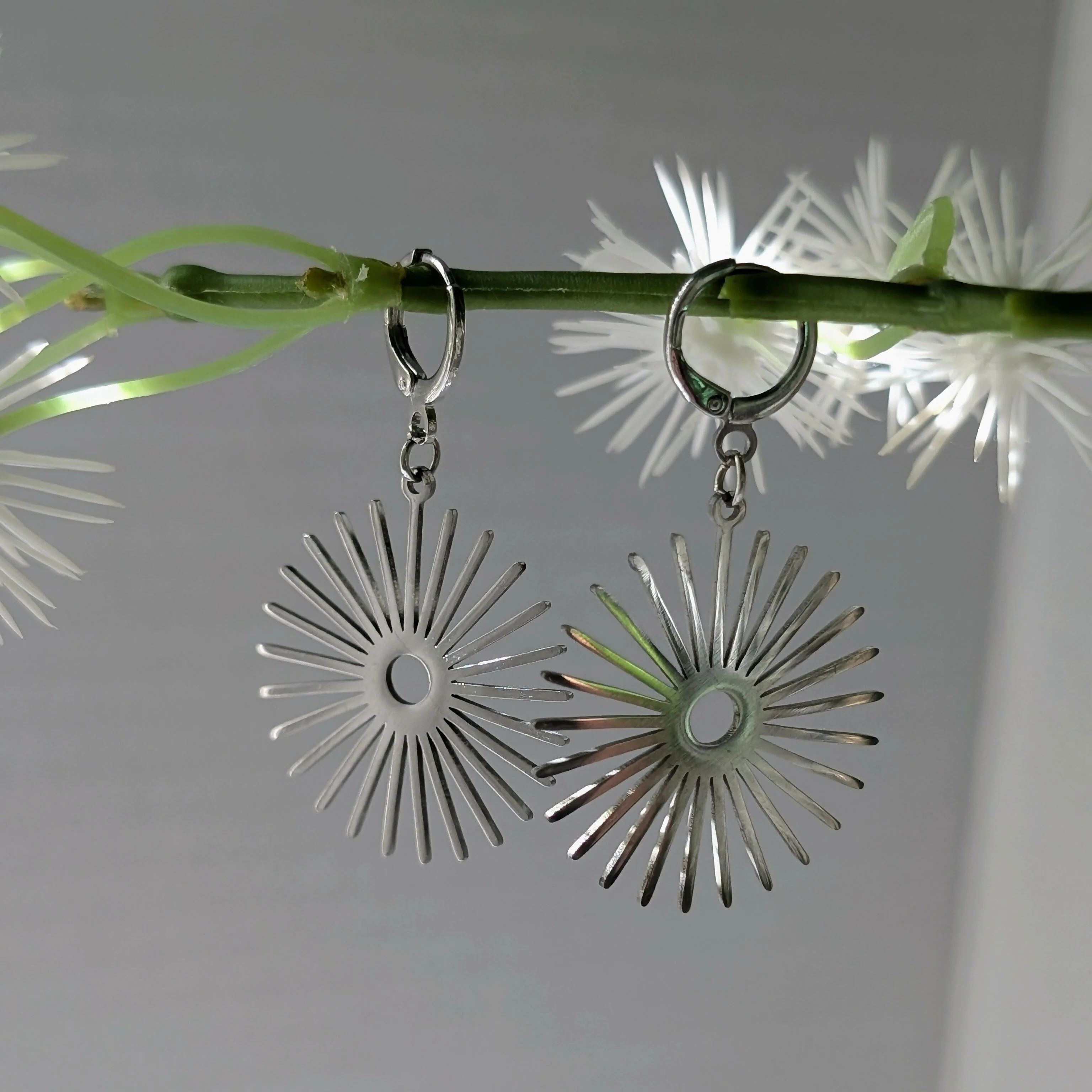 Silver Sunburst Earrings on Gold Plated Huggie - Image 2