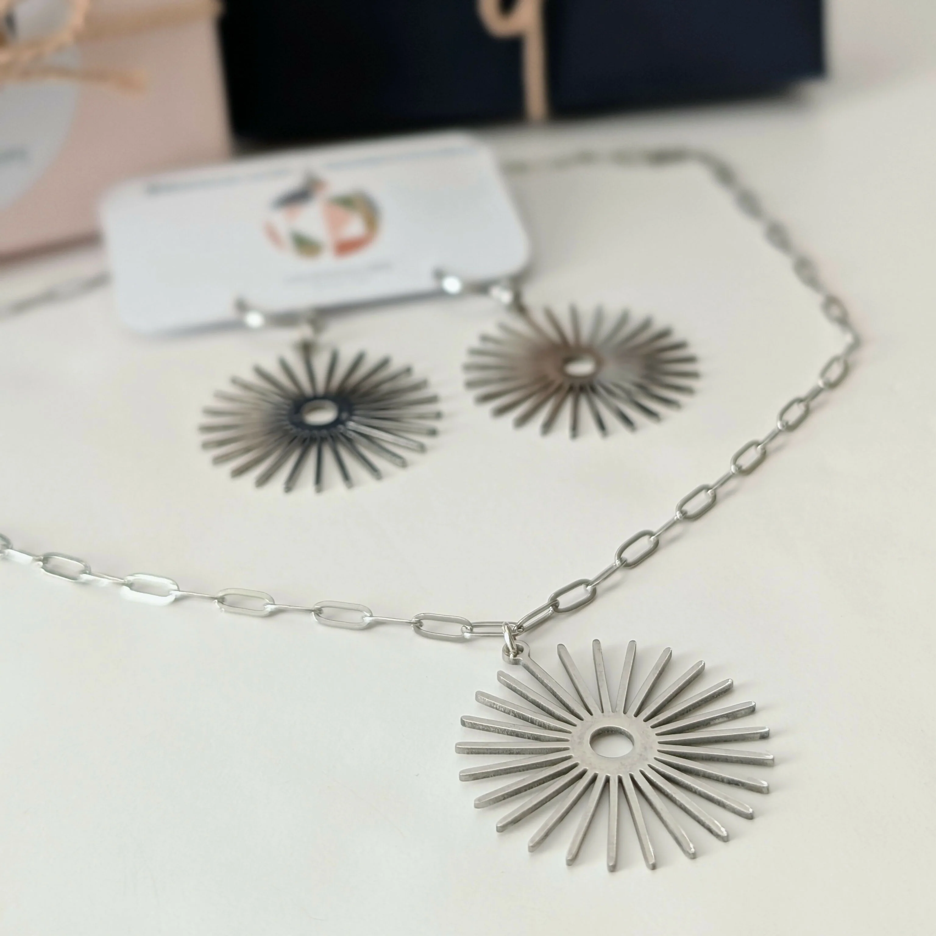 Silver Sunburst Earrings on Gold Plated Huggie - Image 4