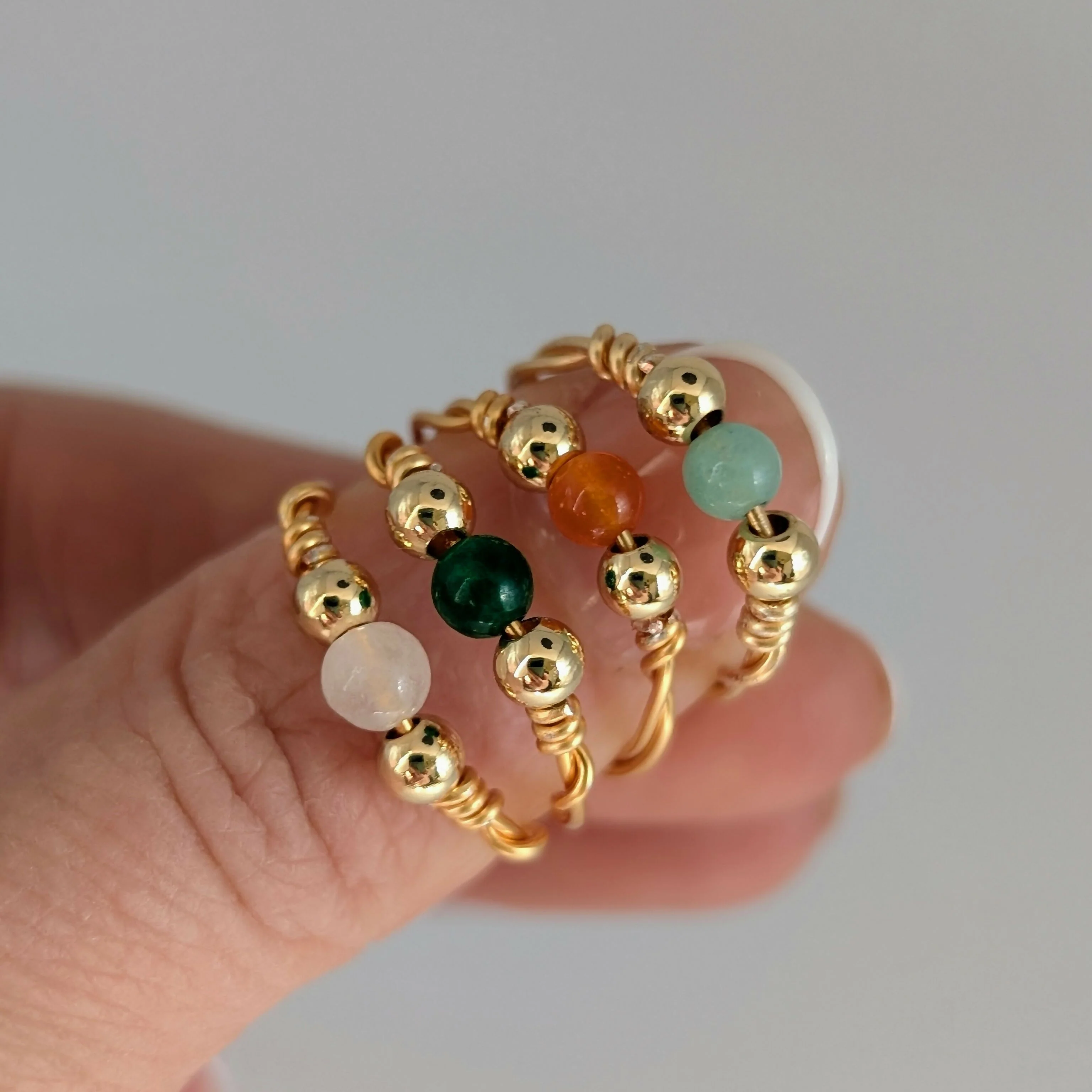 SIZE MEDIUM Semi Precious Bead Gold Plated Wire Rings in a Choice of Colours