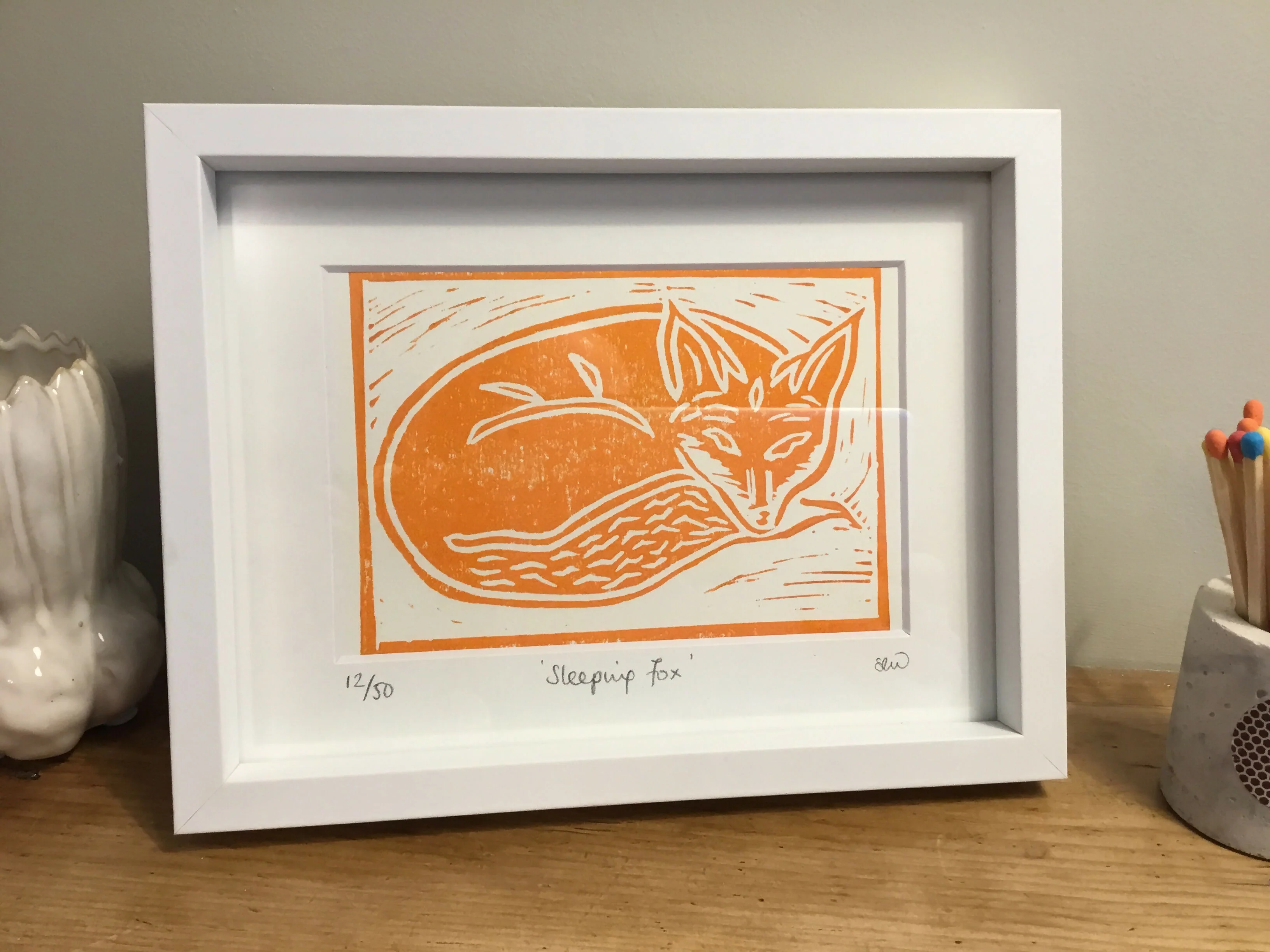 Sleeping Fox Framed Lino Cut Print - Image 13