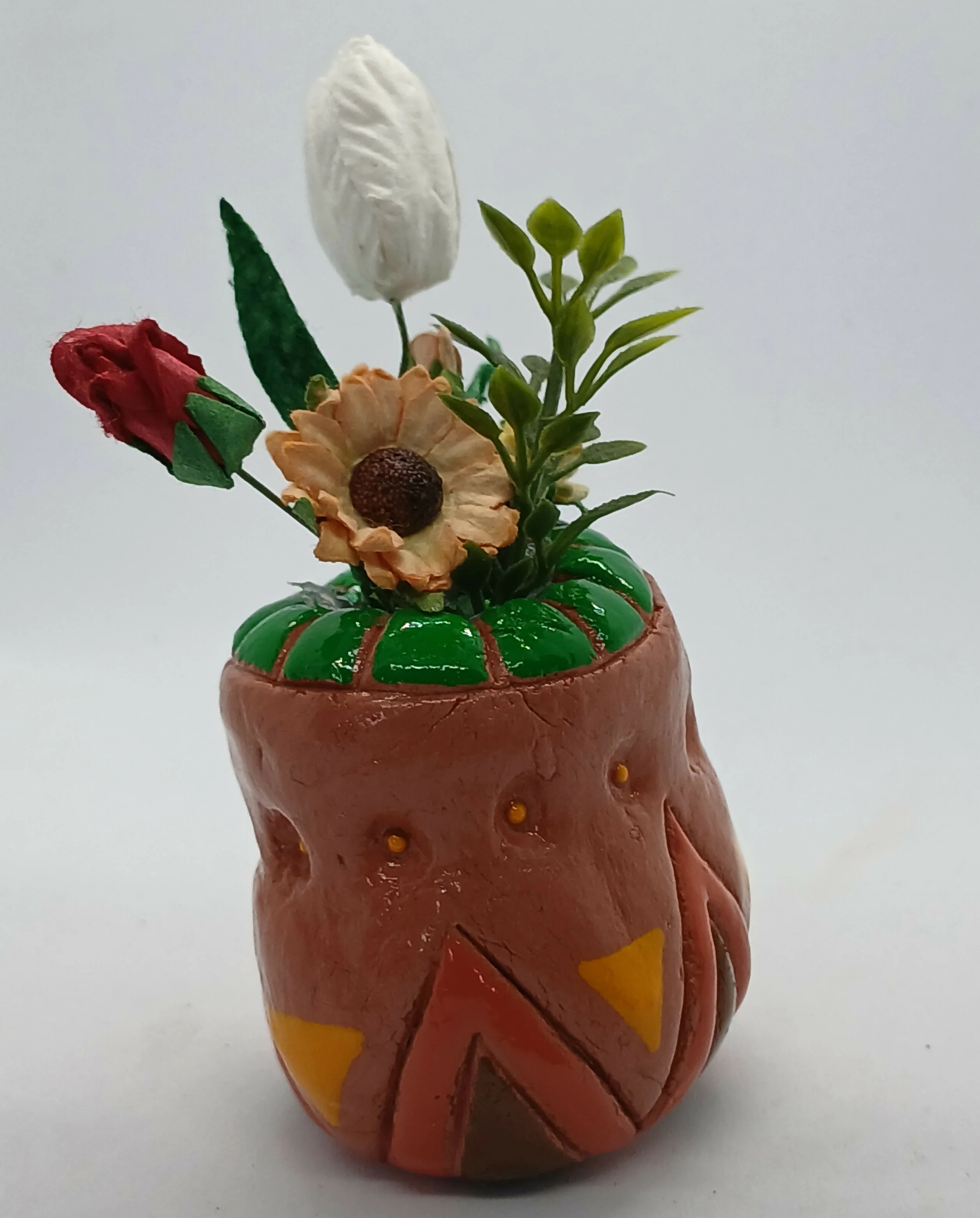 Small Clay Vase and Faux Flowers - Image 3