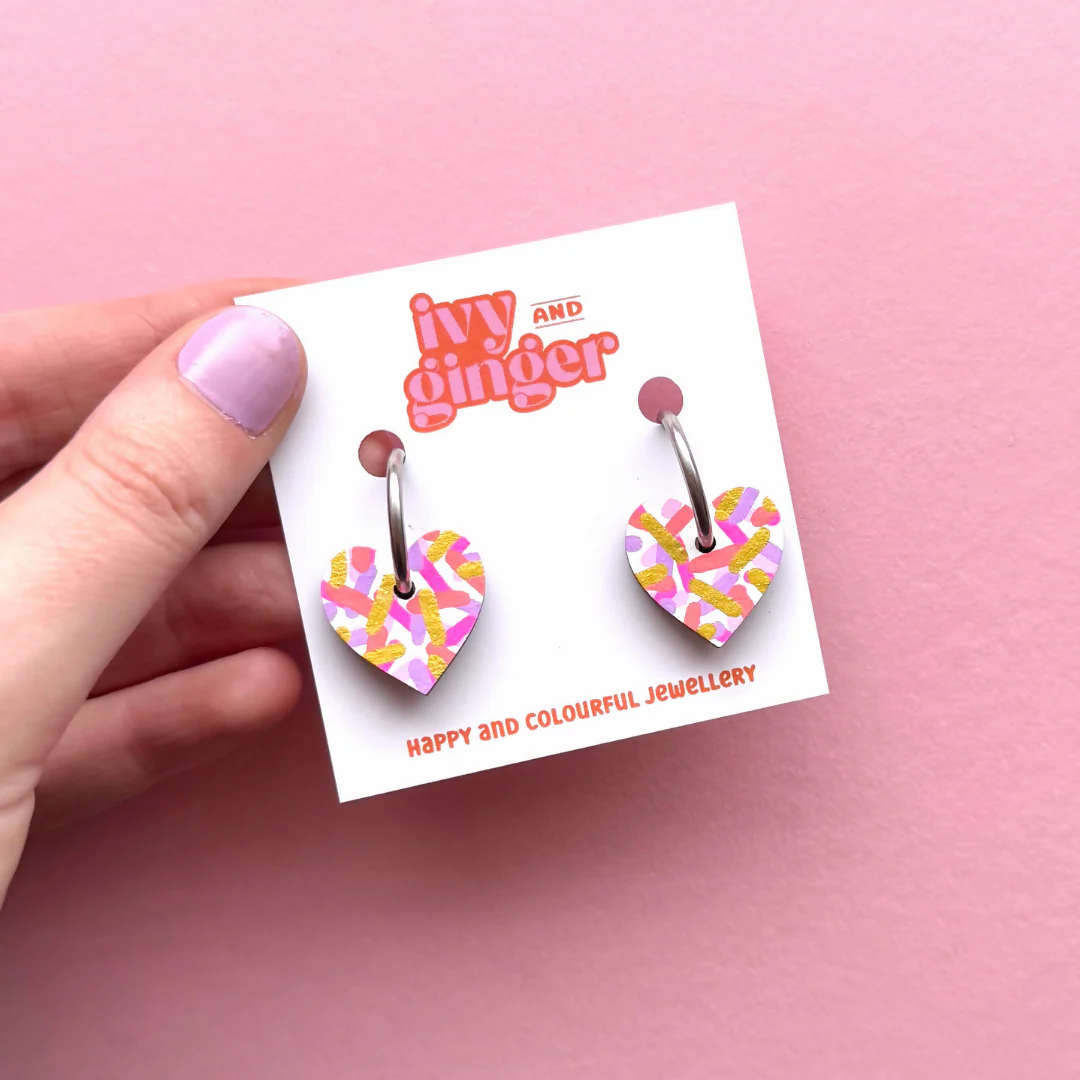 Small Pink Confetti Heart Hoop Earrings - Image 2