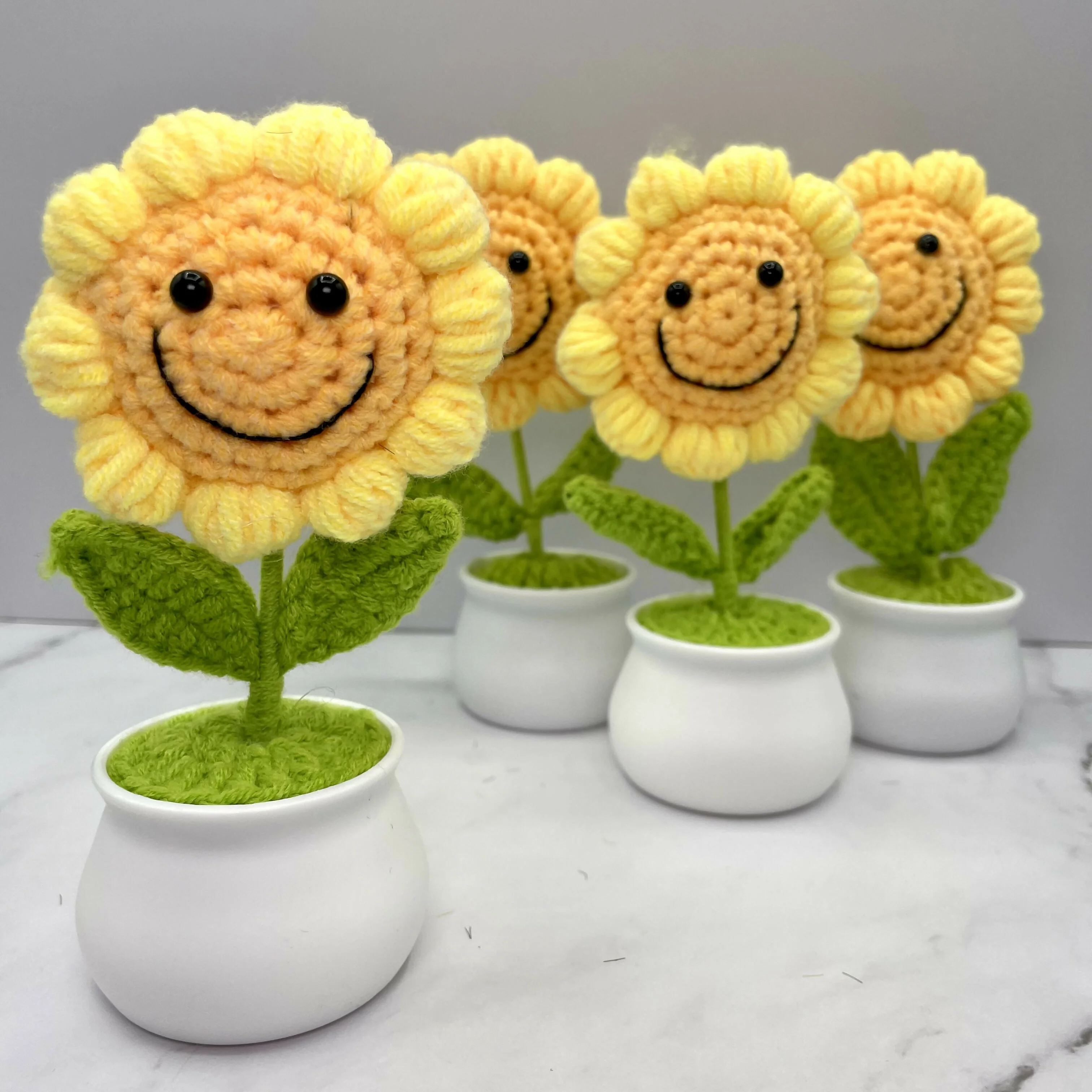 Smiley Crochet Sunflower in Mini White Pot