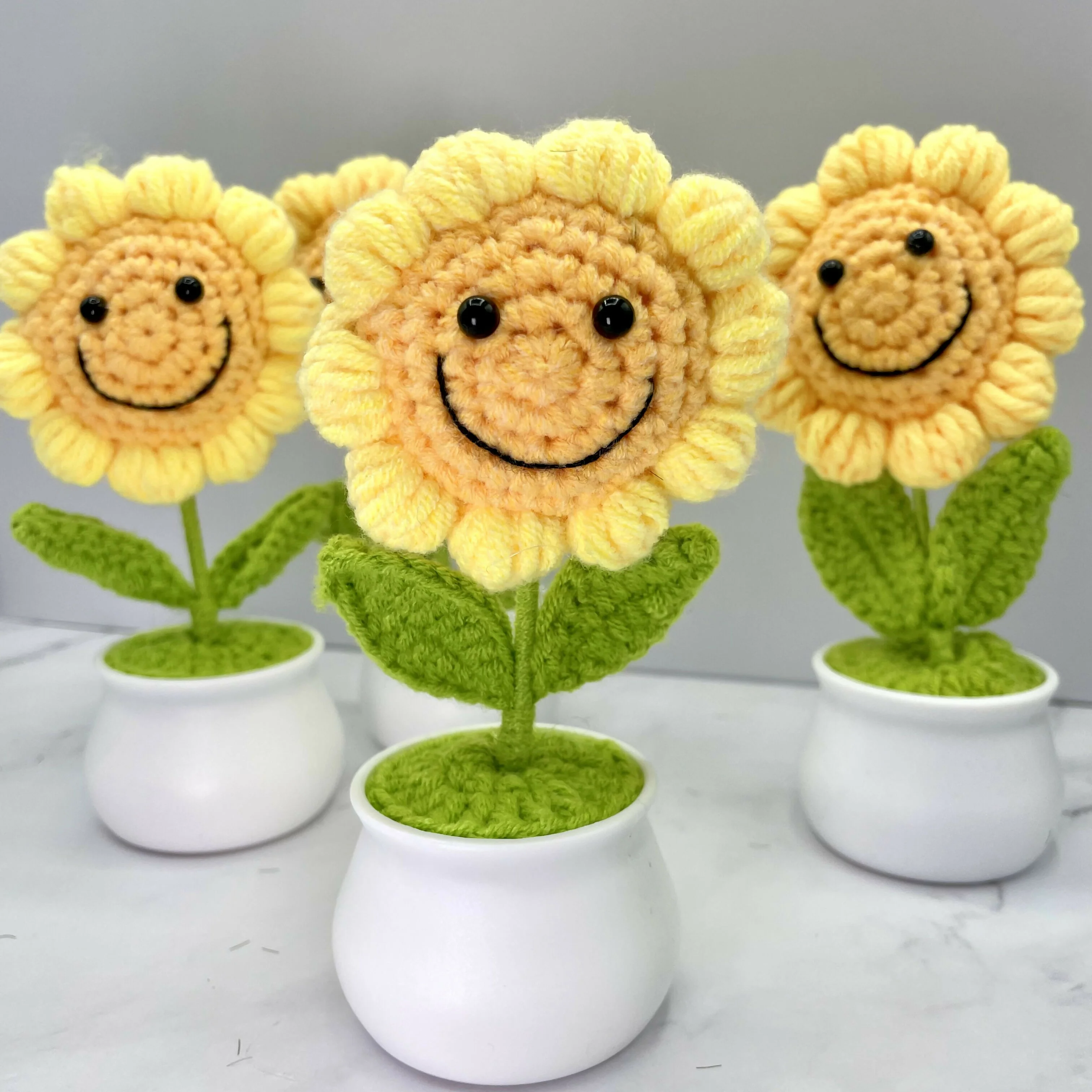 Smiley Crochet Sunflower in Mini White Pot - Image 2
