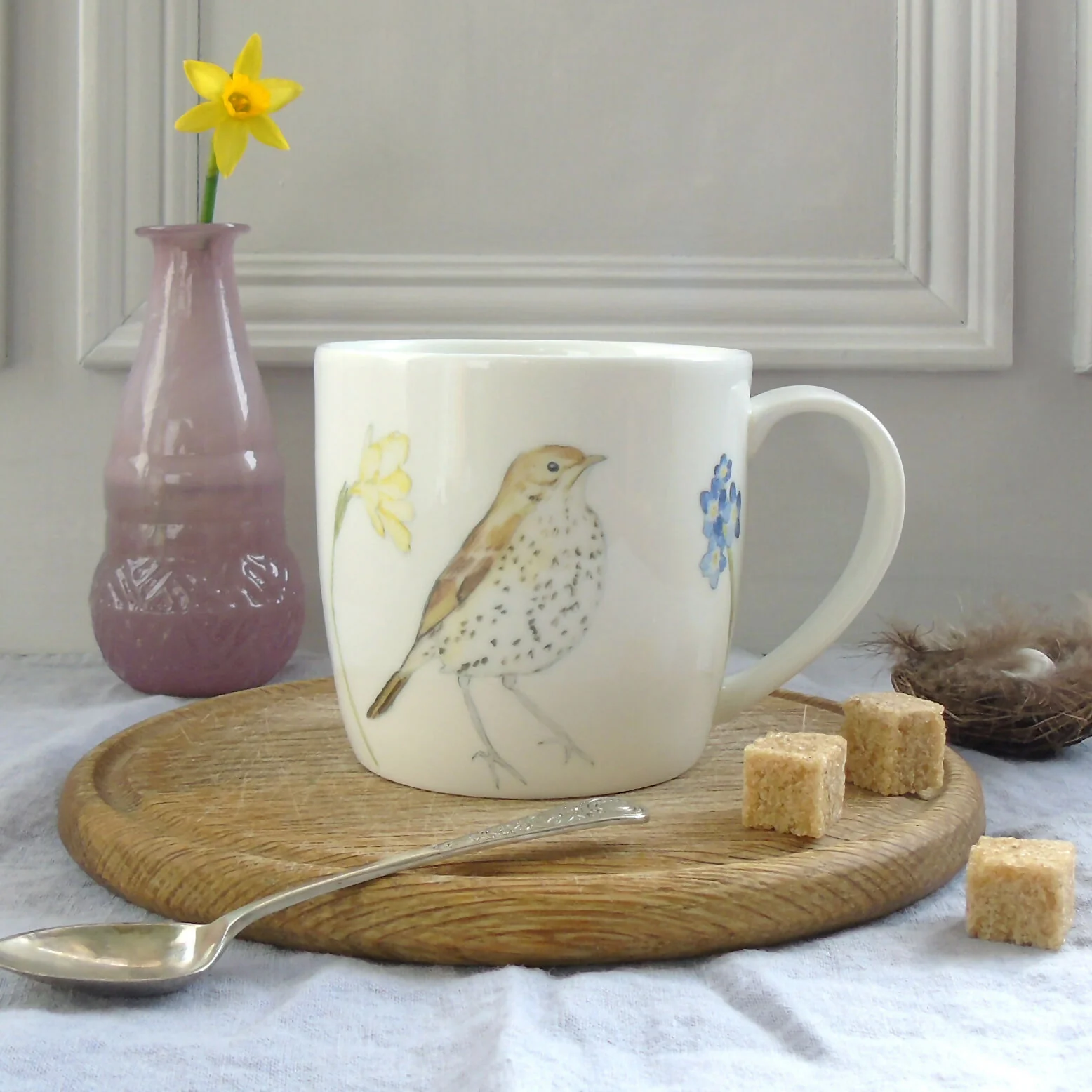 Song Thrush and Spring Flowers Fine Bone China Mug