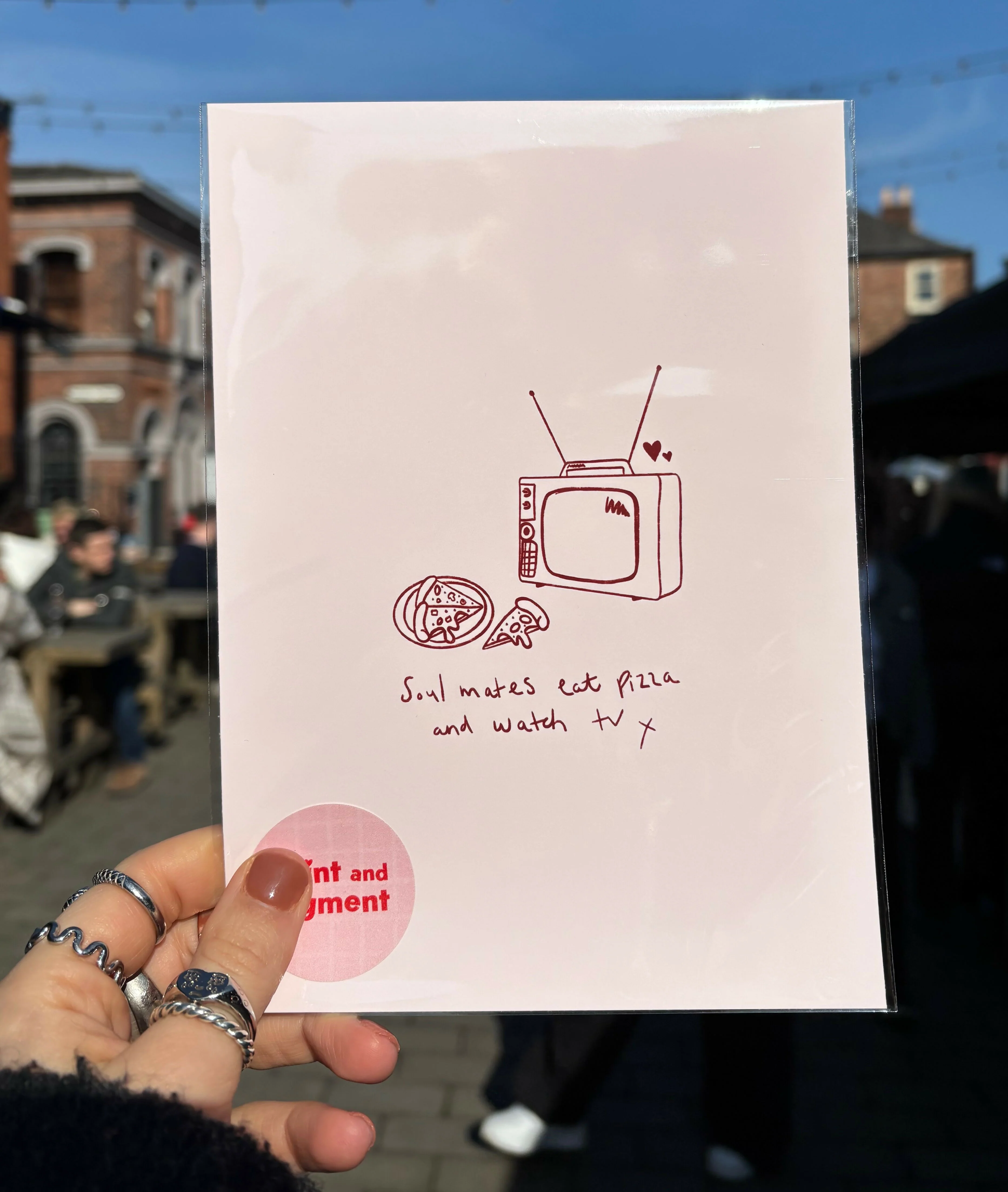 Soul Mates Eat Pizza and Watch TV – Hand Drawn Red Love Print - Image 2
