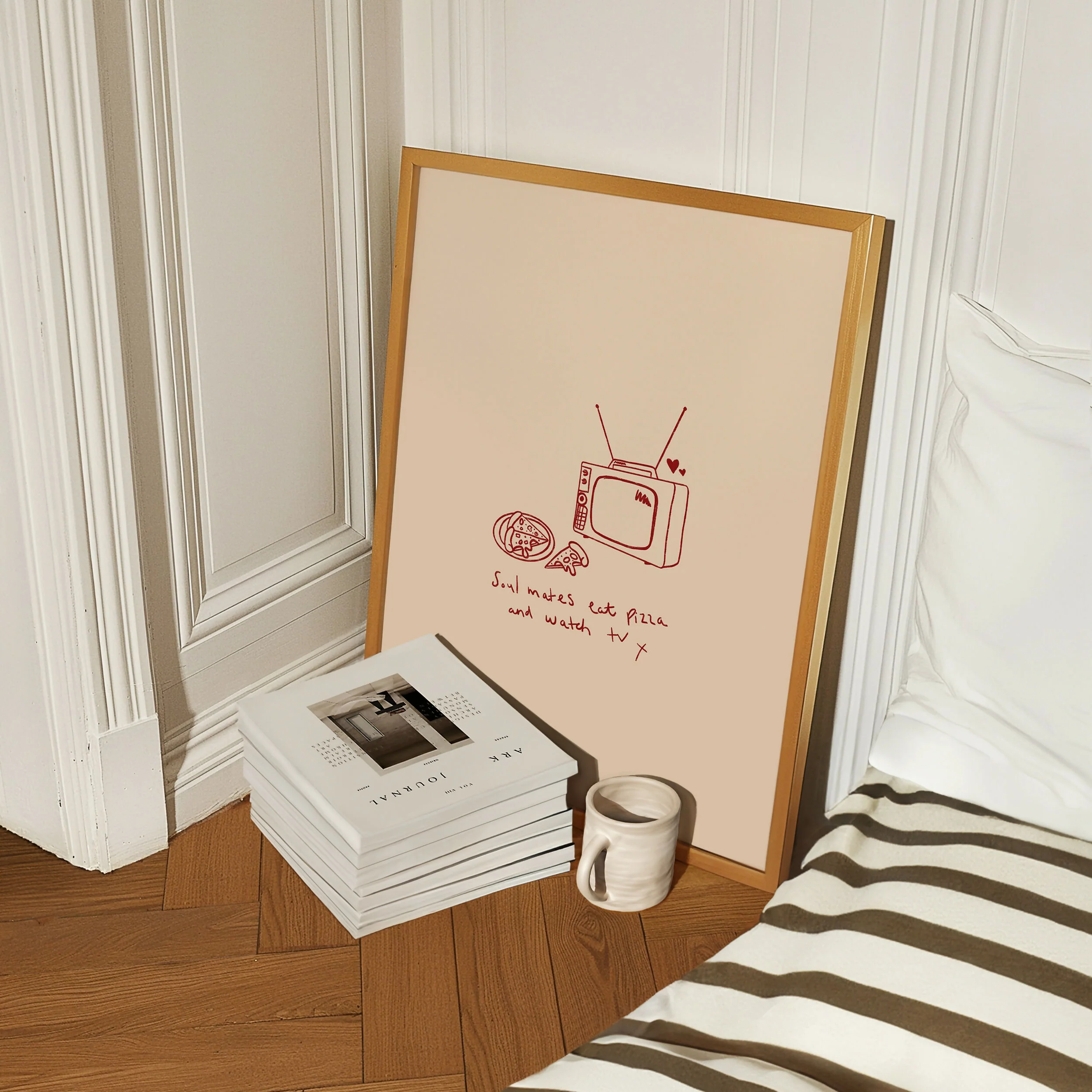 Soul Mates Eat Pizza and Watch TV – Hand Drawn Red Love Print - Image 5