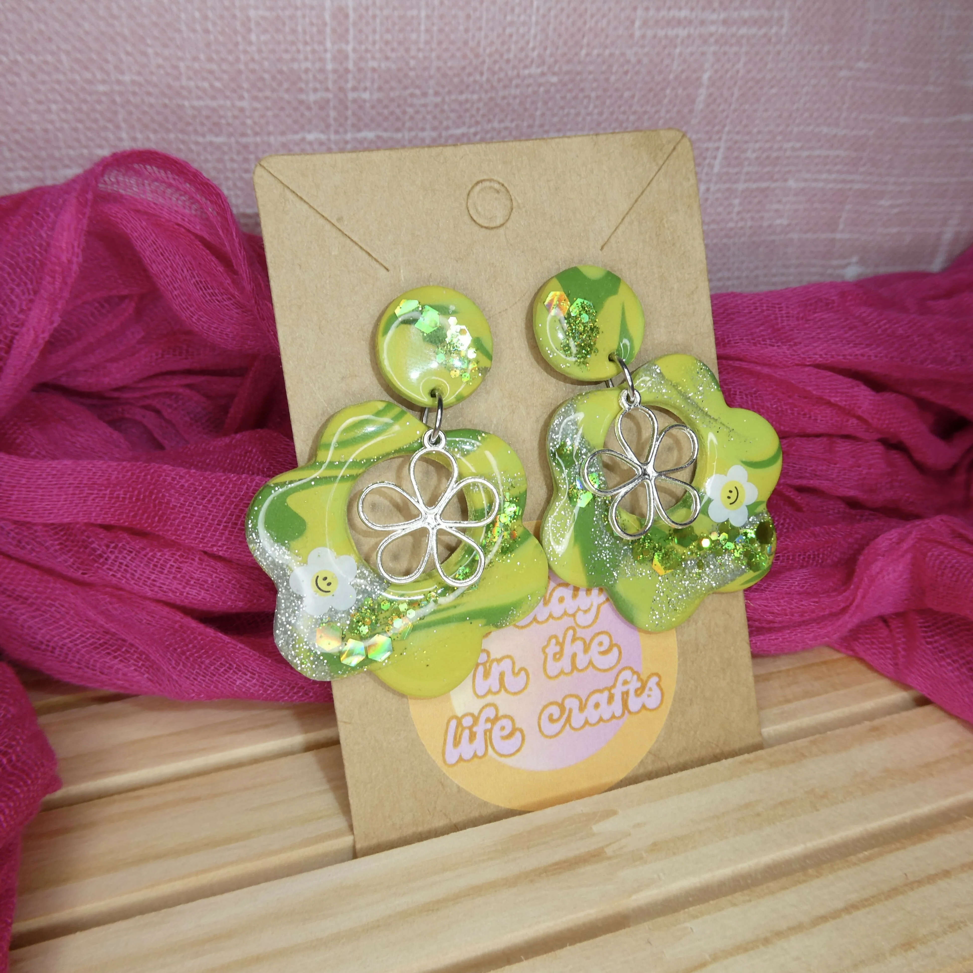Sparkly Green Floral Polymer Clay Earrings