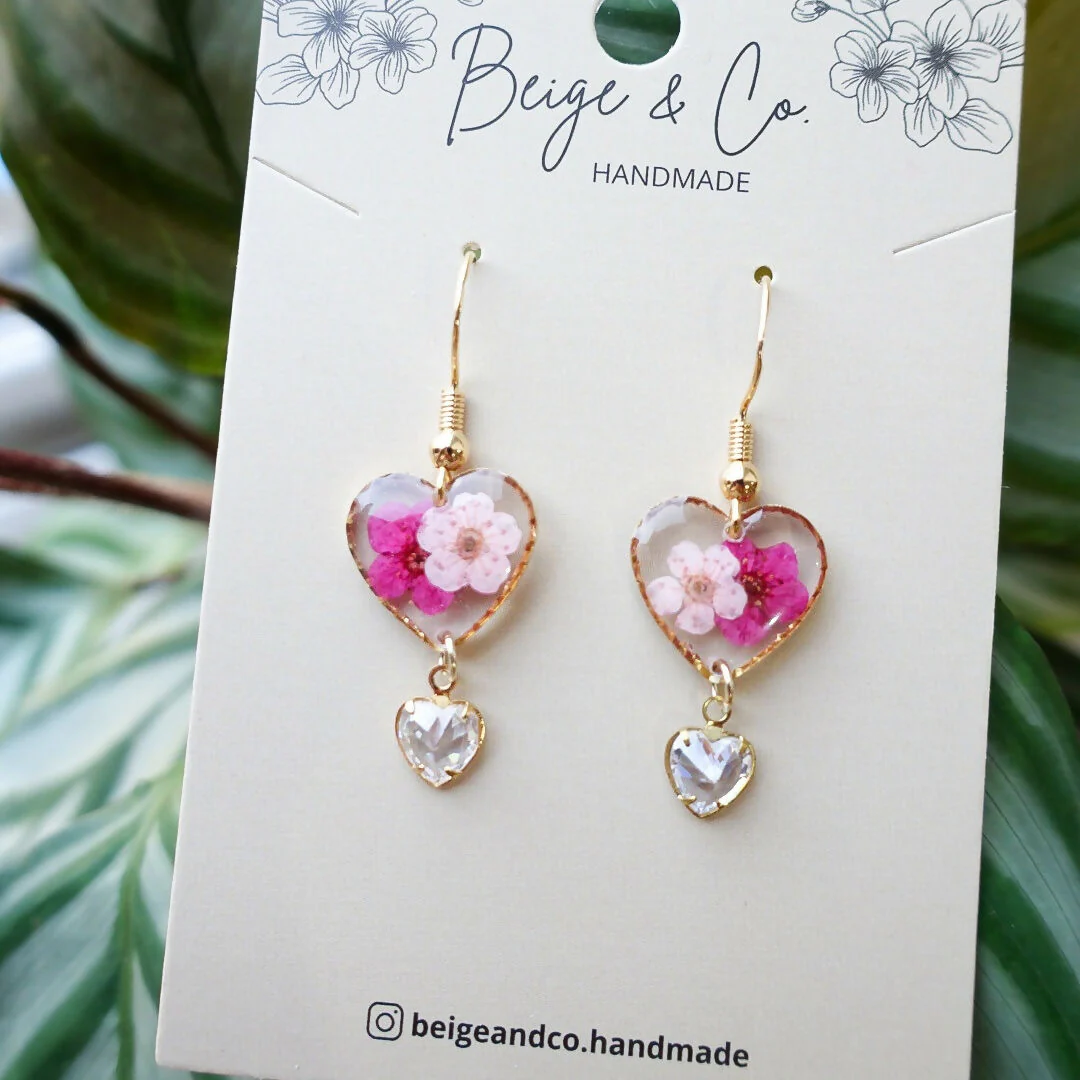 Sparkly Heart Pink Pressed Flower Earrings