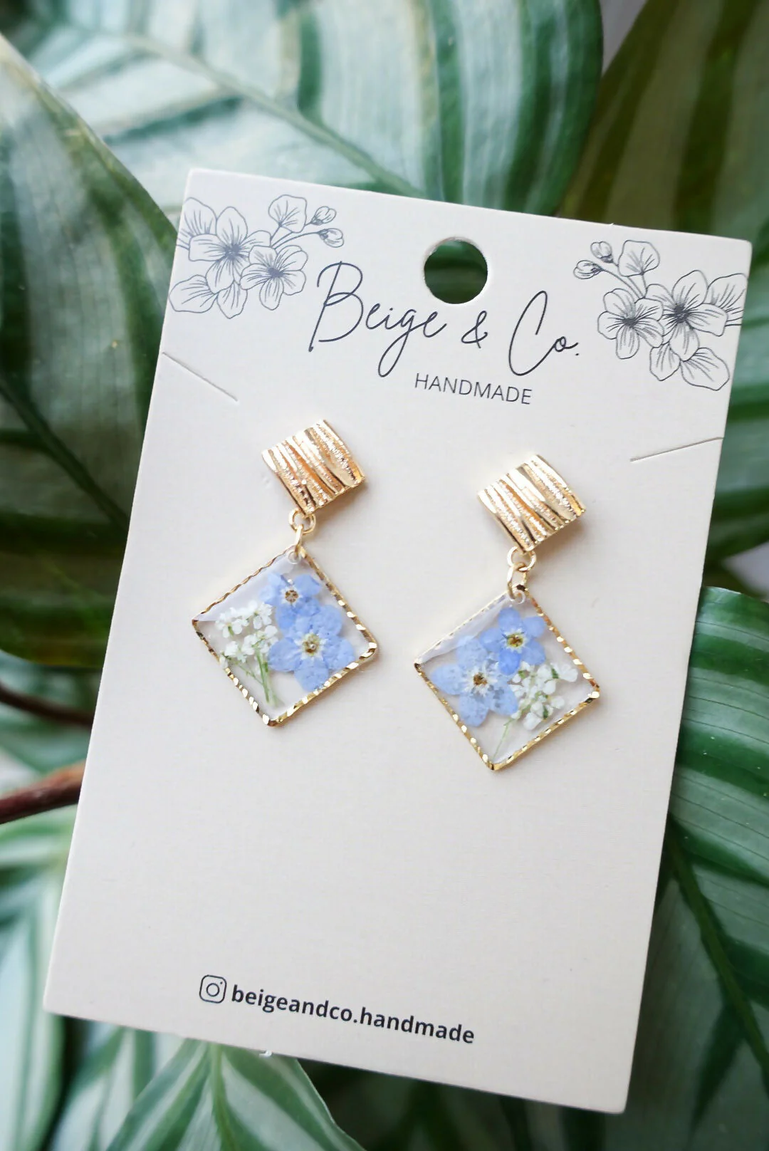 Real Flower Square Earrings With Forget Me Not - Image 2