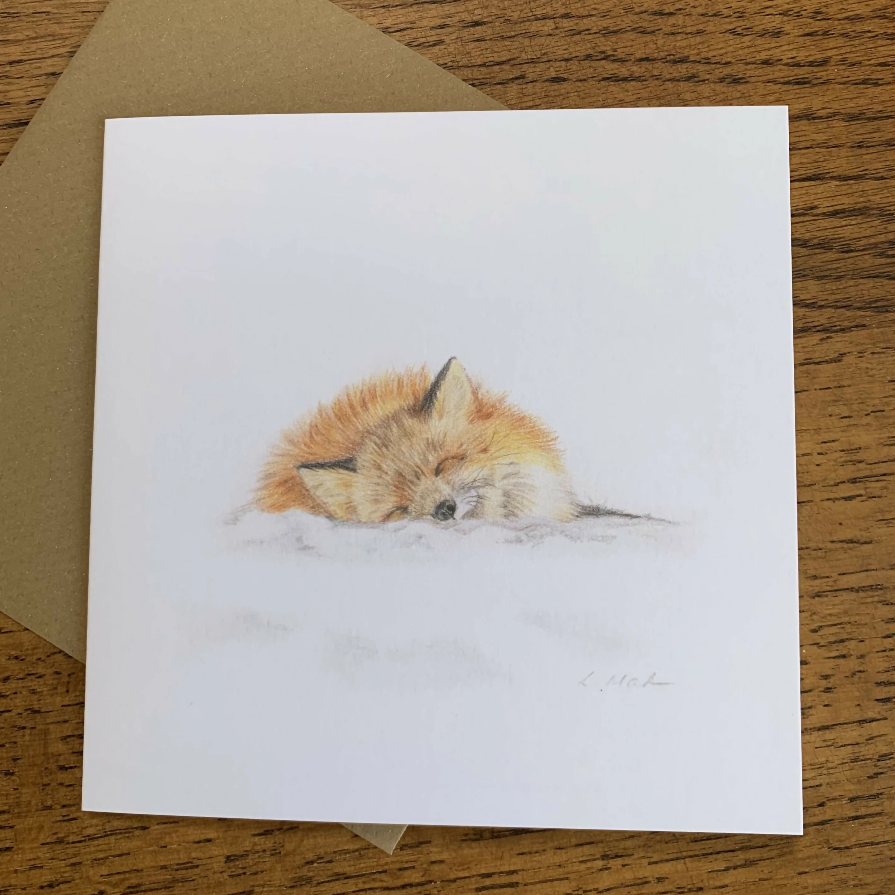 Square Greeting Card of a Fox in the Snow. 5" x 5" Blank Inside.