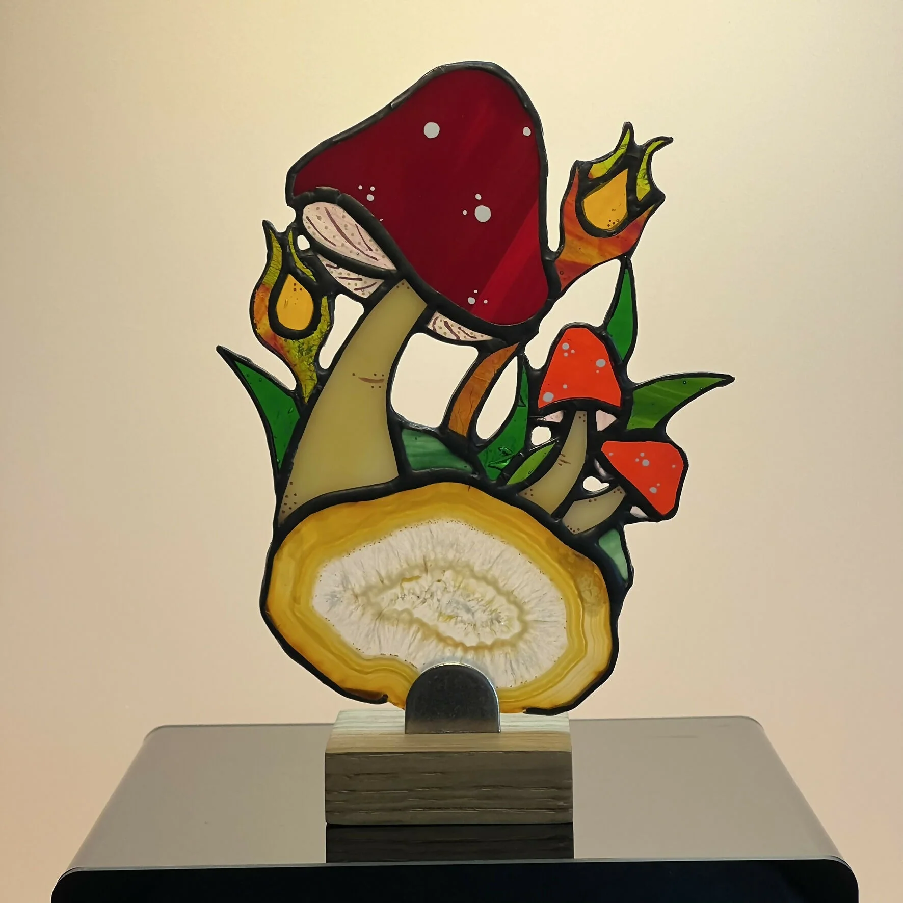 Stained Glass Toadstool on Agate Slice - Image 2