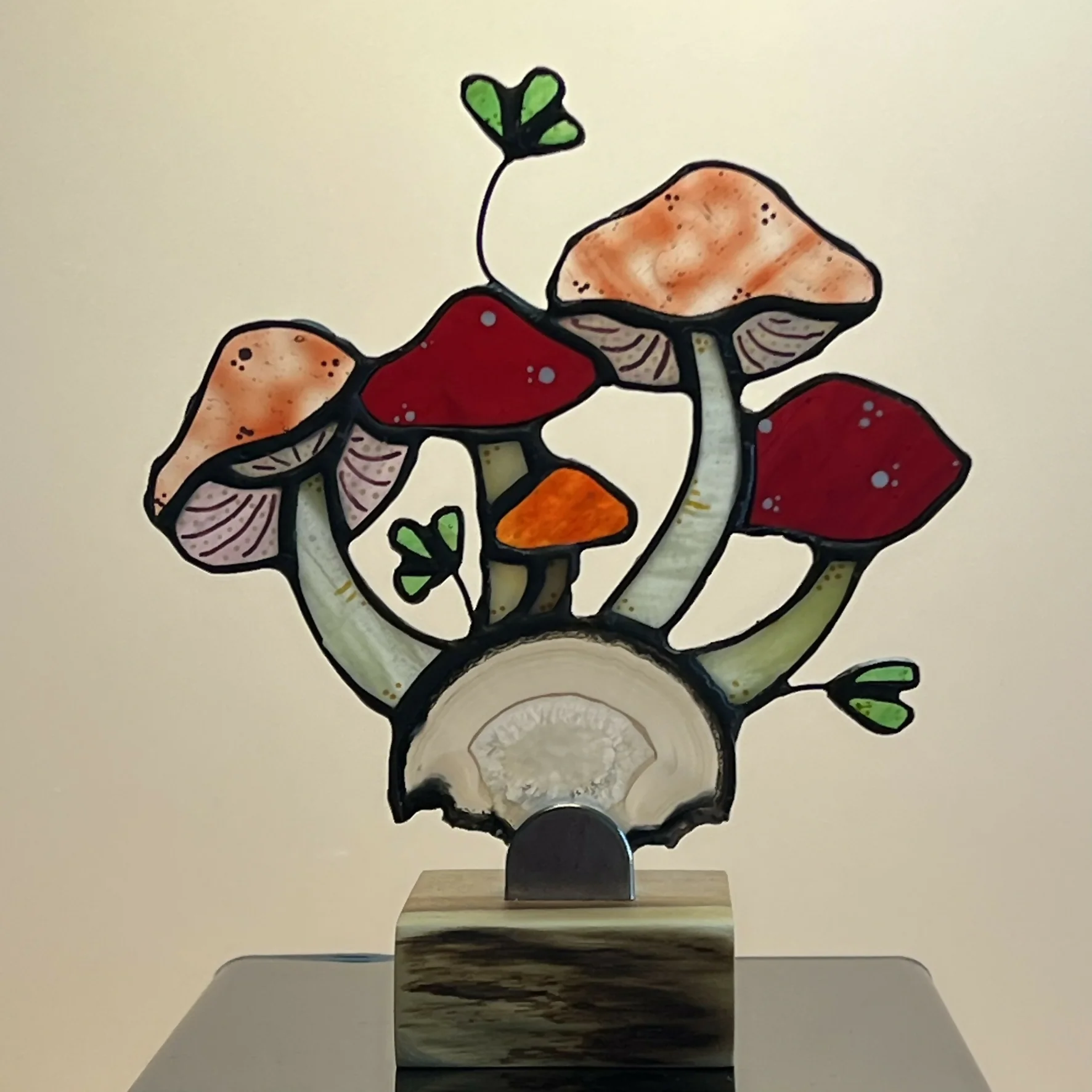 Stained Glass Toadstools on Agate Slice - Image 2