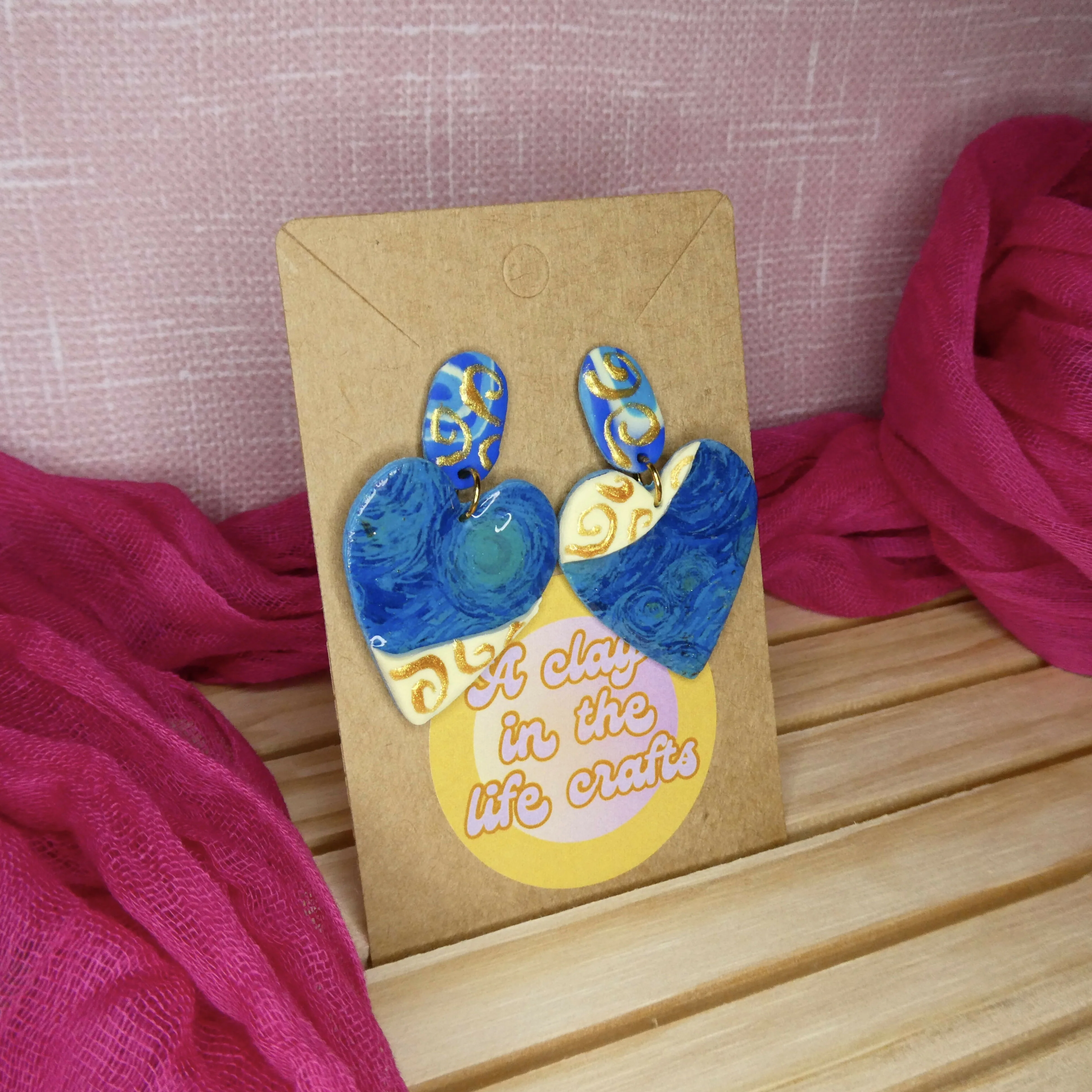 Starry Night Artwork Heart Polymer Clay Earrings