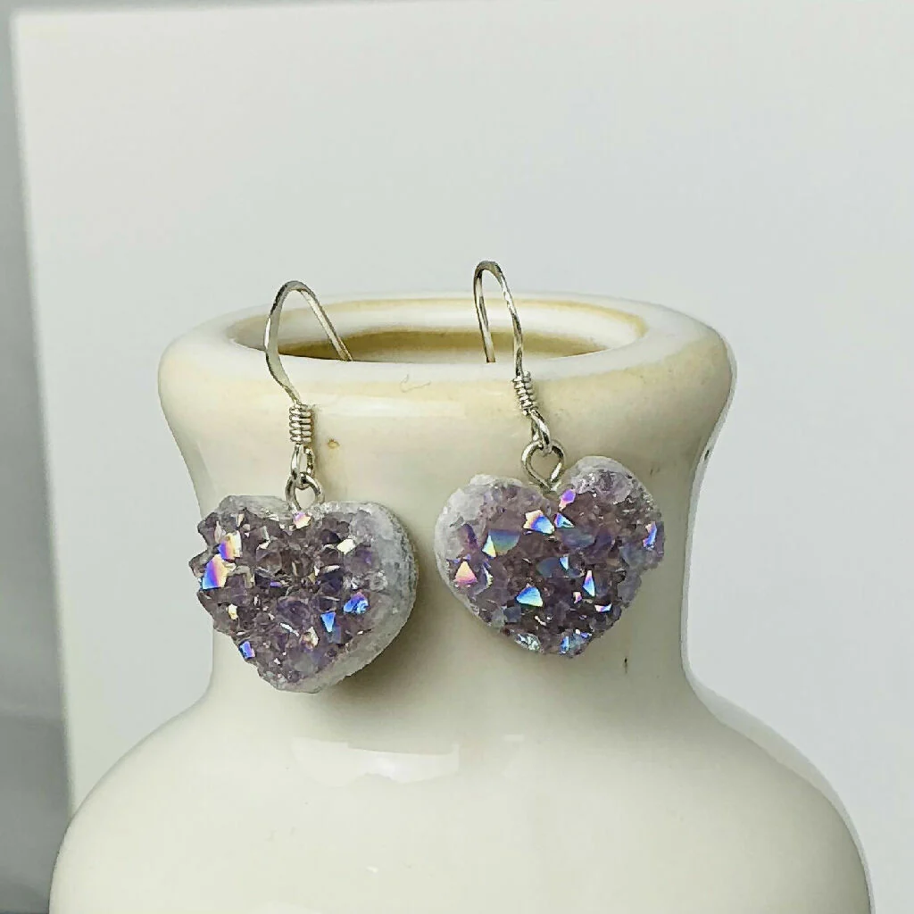 Sterling Silver and Raw Amethyst Heart Dangle Earrings - Image 2