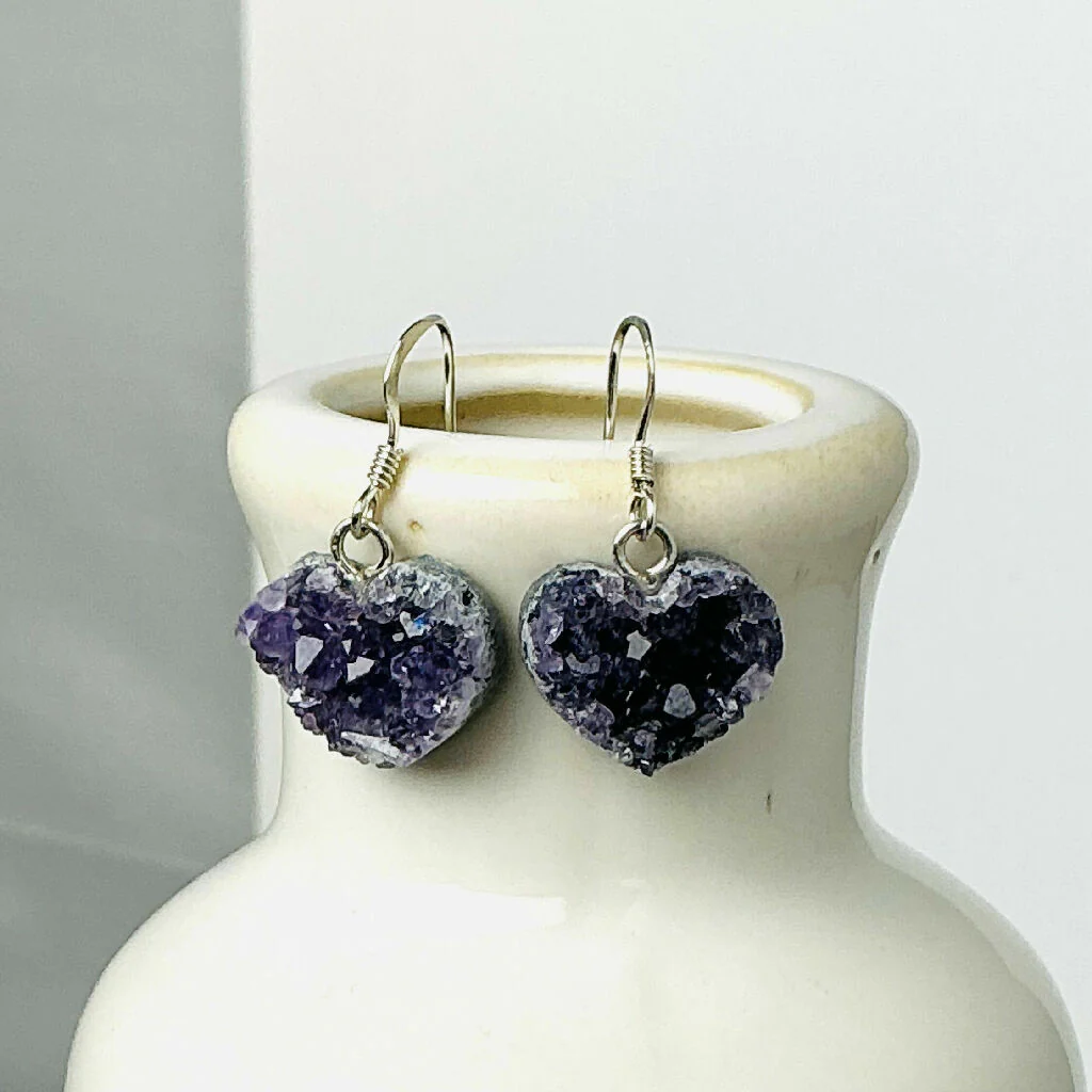 Sterling Silver and Raw Amethyst Heart Dangle Earrings - Image 3
