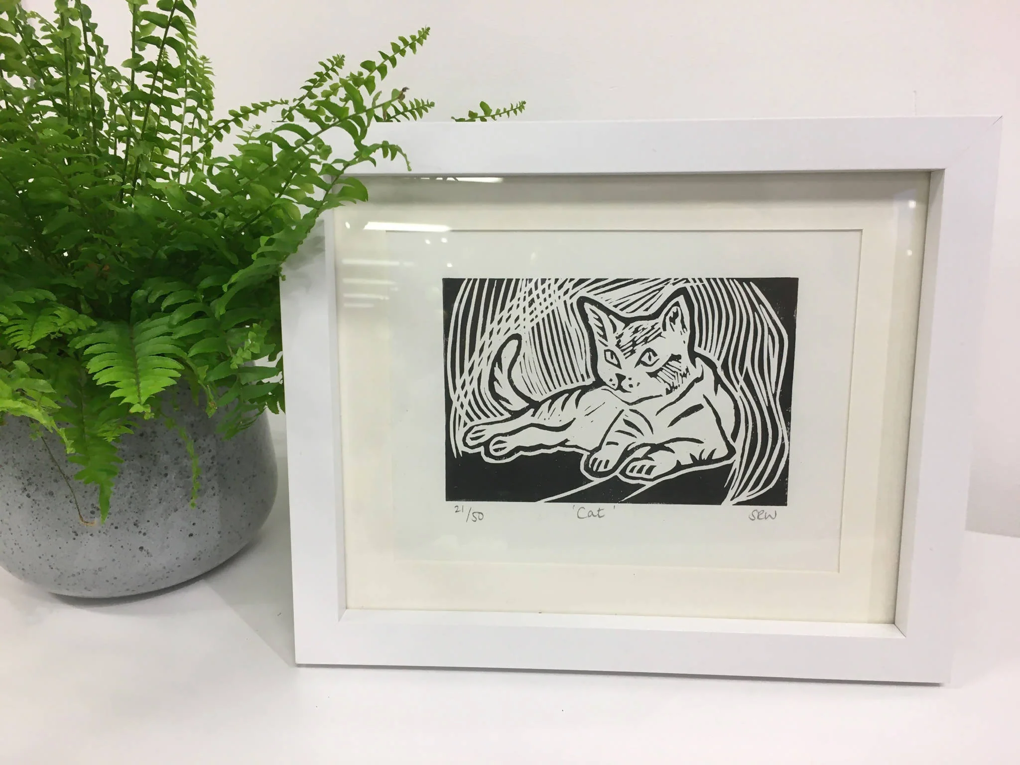 Watching Cat Framed Lino Cut Print - Image 2