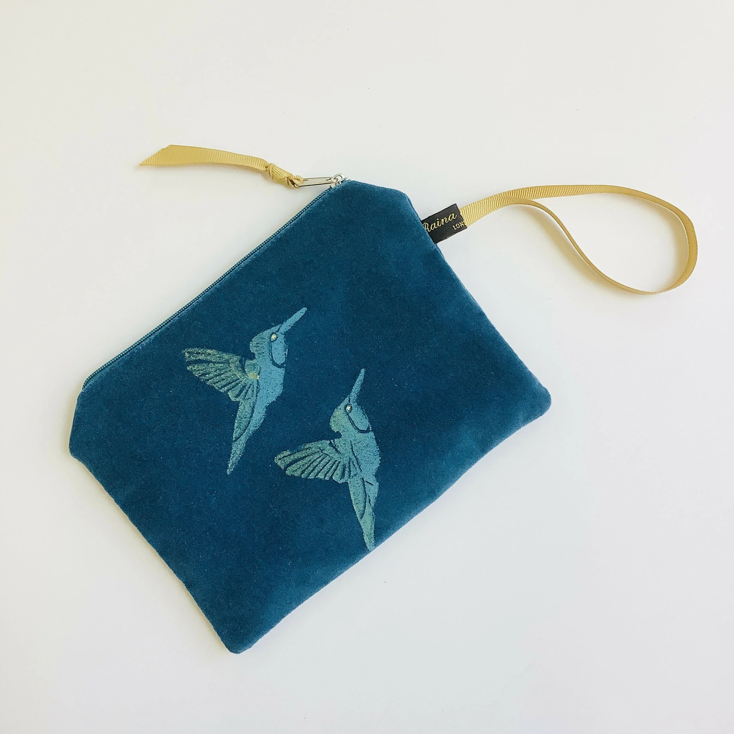 Teal Hummingbirds Velvet Zip-Up Pouch with Wrist Strap
