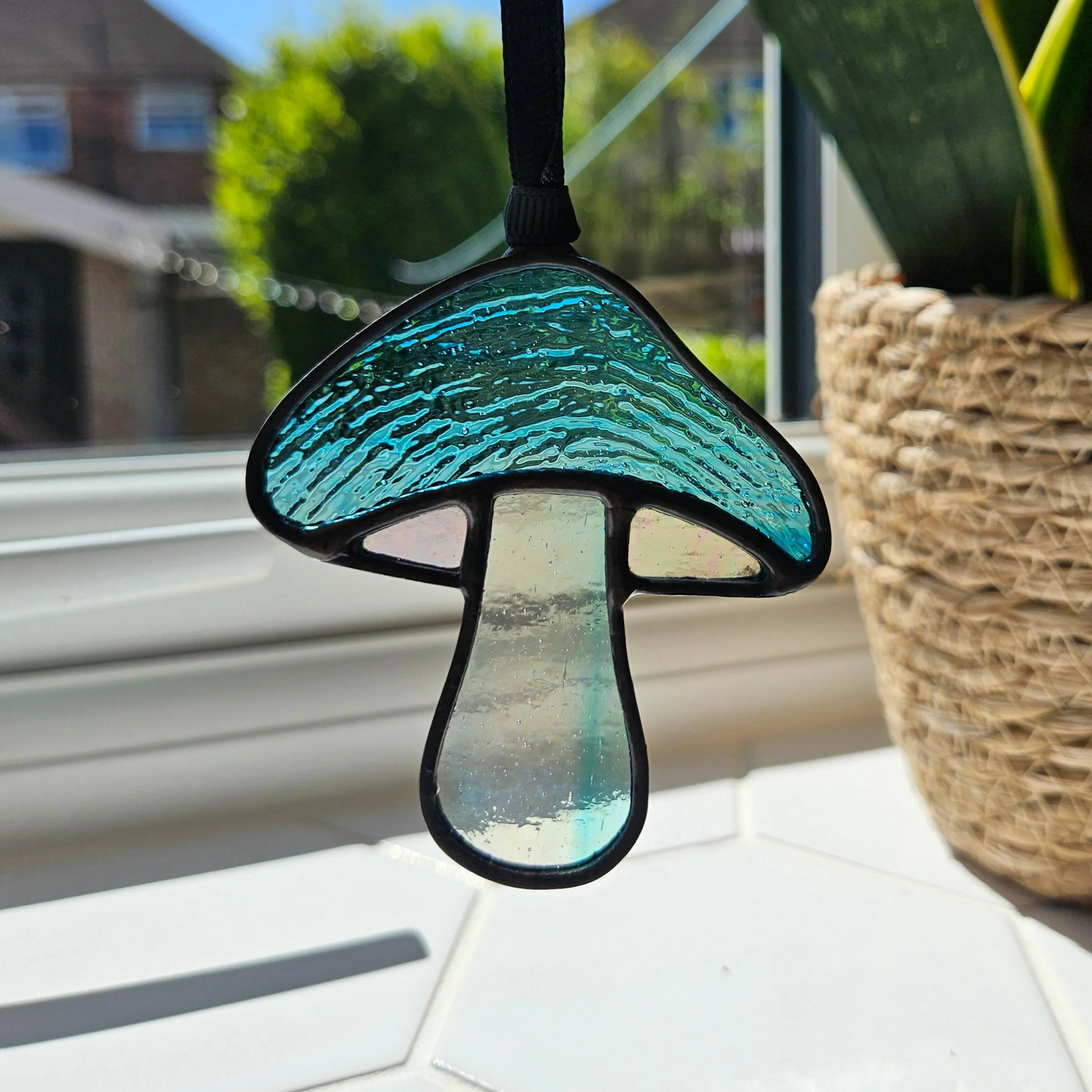 Textured Blue & Iridescent Mushroom Stained Glass Suncatcher - Image 2